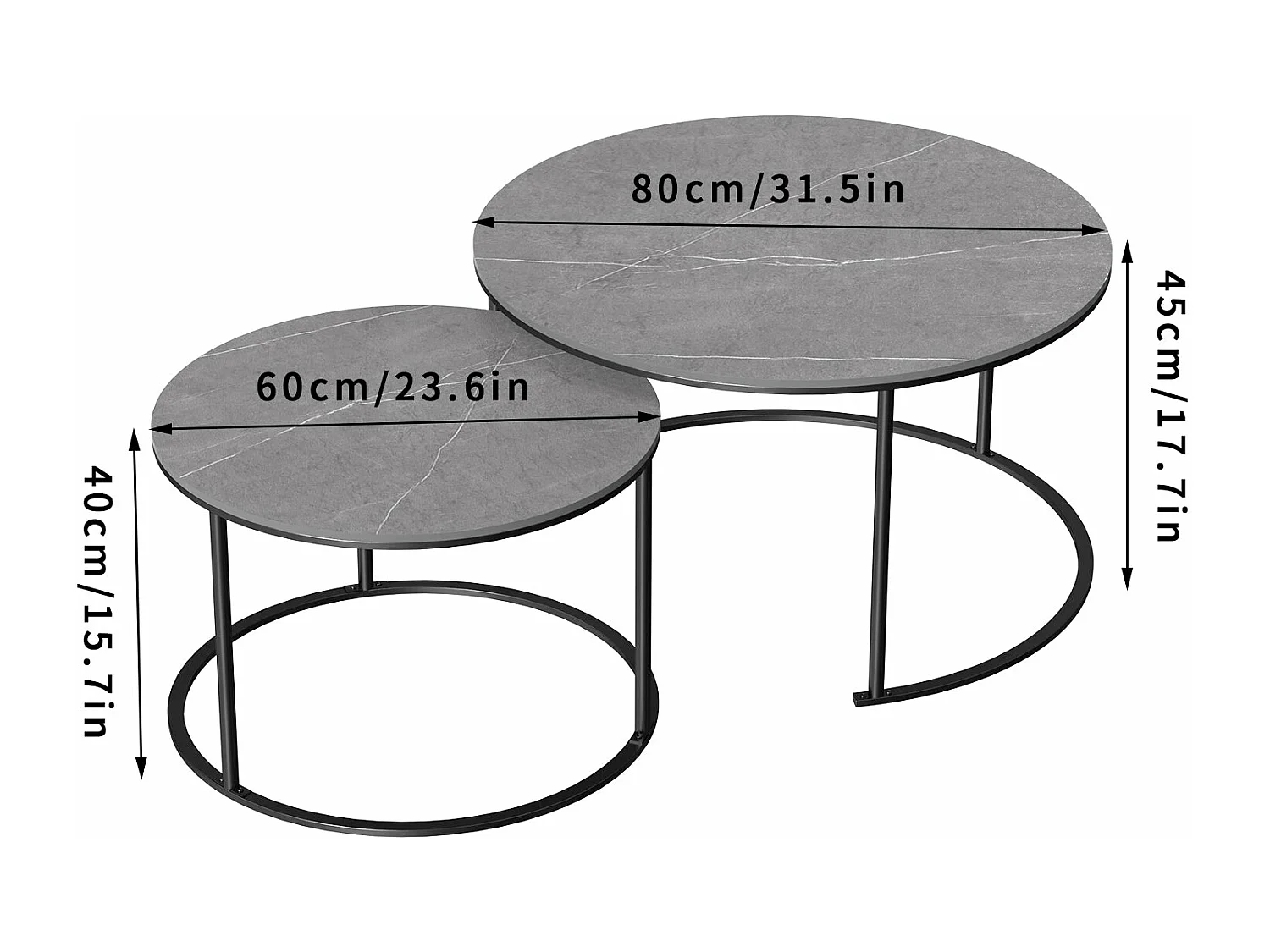 Table basse gigogne ronde marbre lot de 2 salon table café moderne 80x80x45cm+60x60x40cm