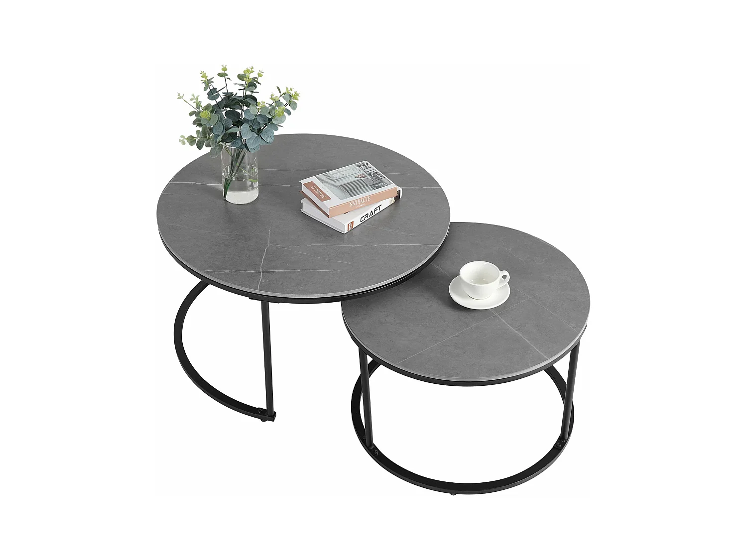 Table basse gigogne ronde marbre lot de 2 salon table café moderne 80x80x45cm+60x60x40cm