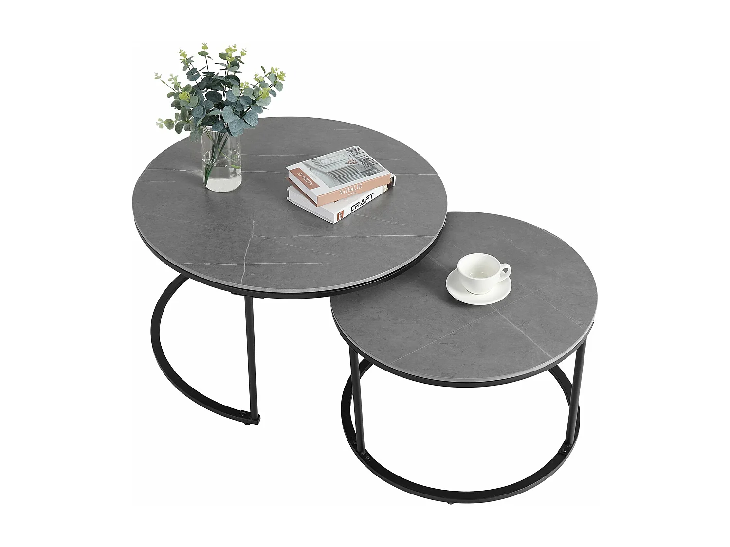 Table basse gigogne ronde marbre lot de 2 salon table café moderne 80x80x45cm+60x60x40cm