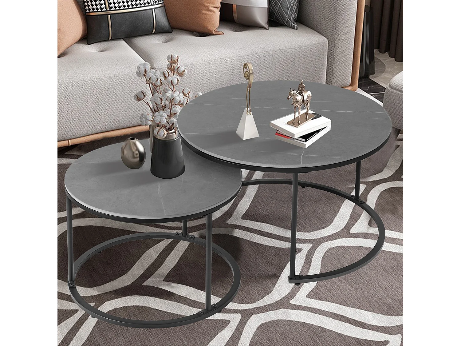 Table basse gigogne ronde marbre lot de 2 salon table café moderne 80x80x45cm+60x60x40cm