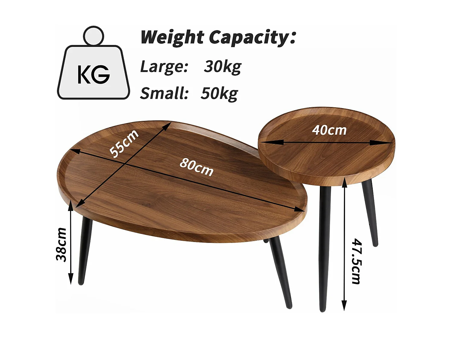 Lot de 2 tables de basse gigognes en bois vintage table salon scandinave 80x55x38cm / 40x47.5cm 80x55x38cm / 40x47.5cm