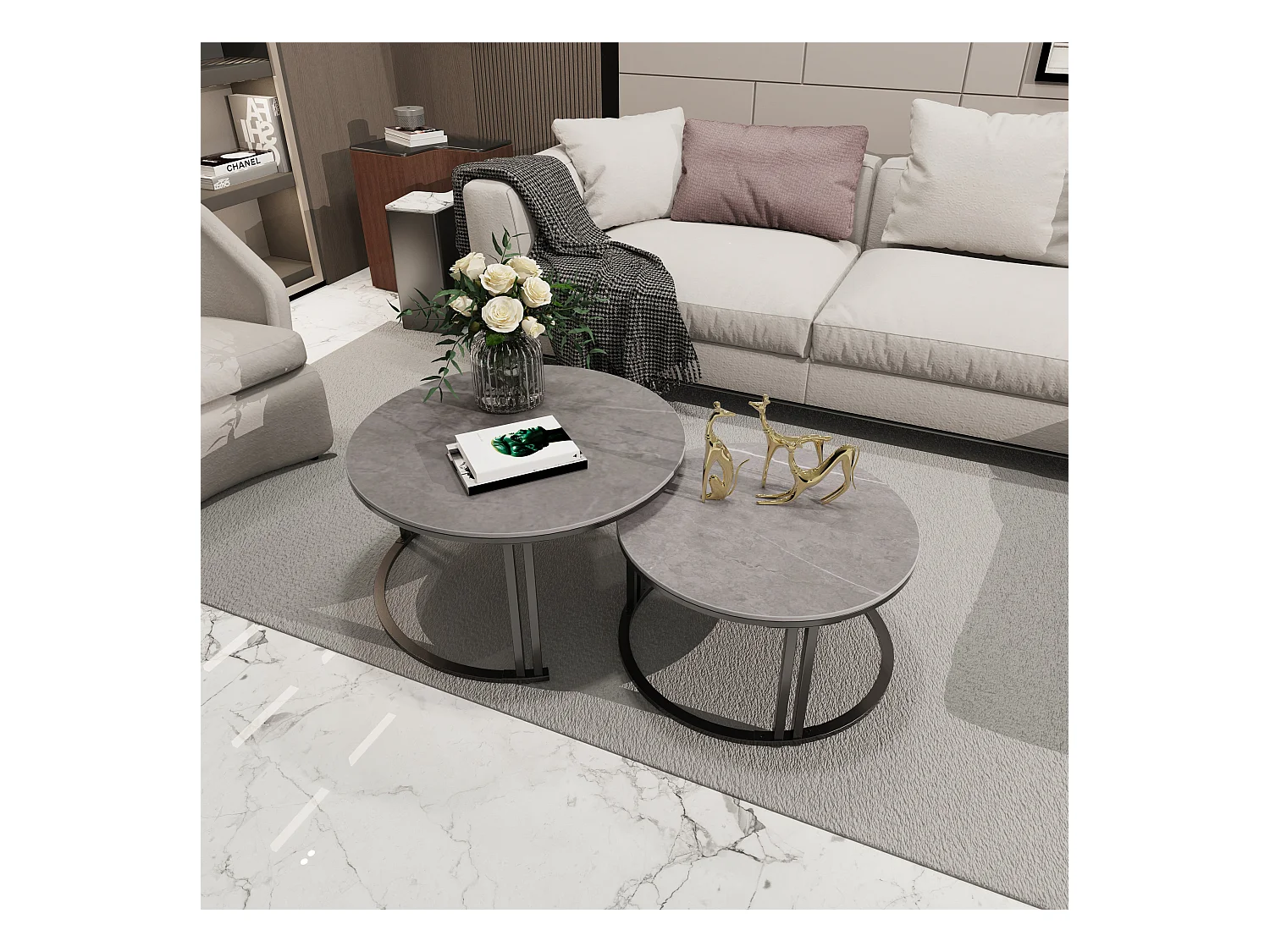 Table basse gigogne ronde lot de 2 avec effet marbre pour salon bureau 70x70x40cm / 57x57x35cm