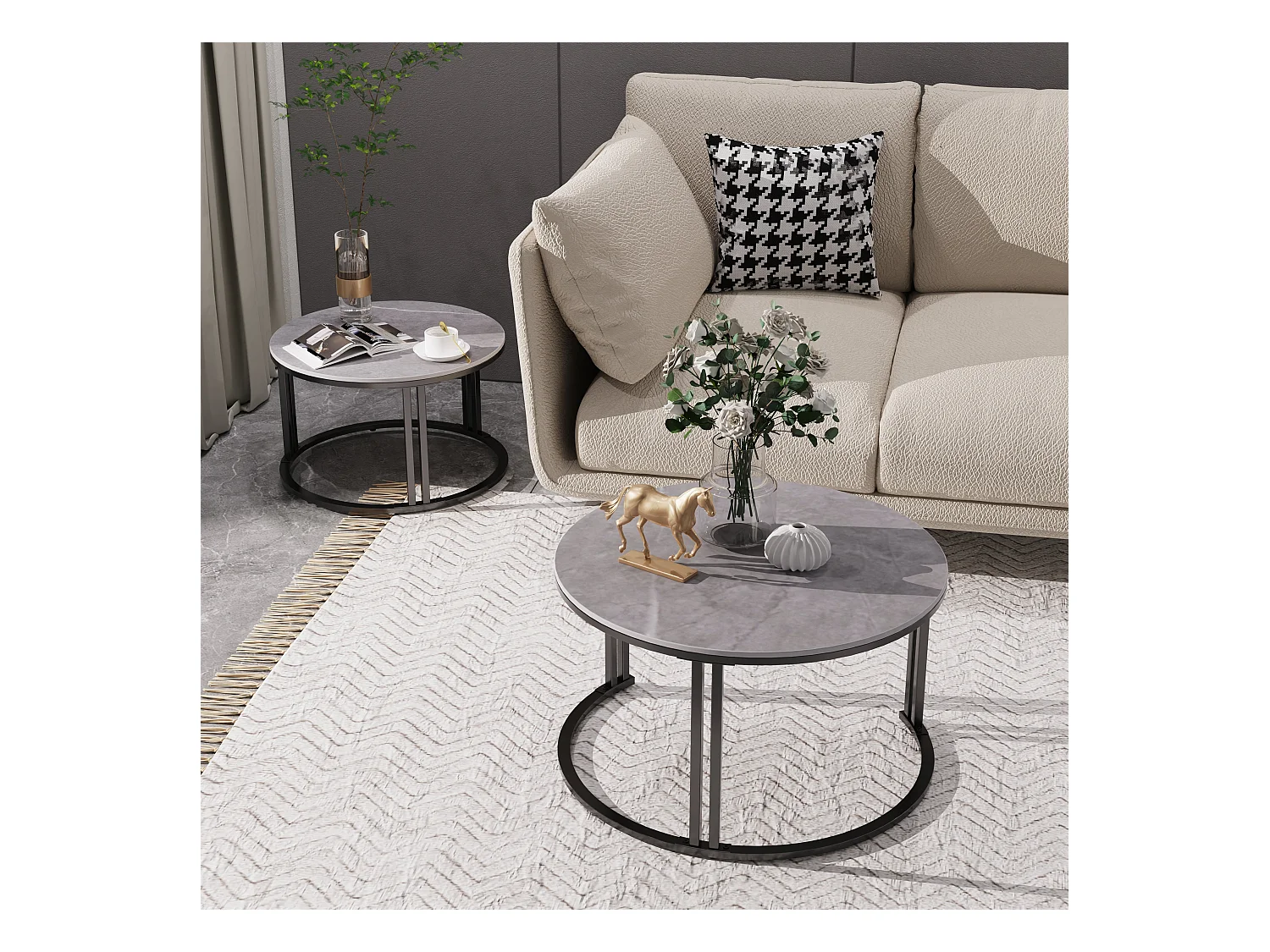 Table basse gigogne ronde lot de 2 avec effet marbre pour salon bureau 70x70x40cm / 57x57x35cm