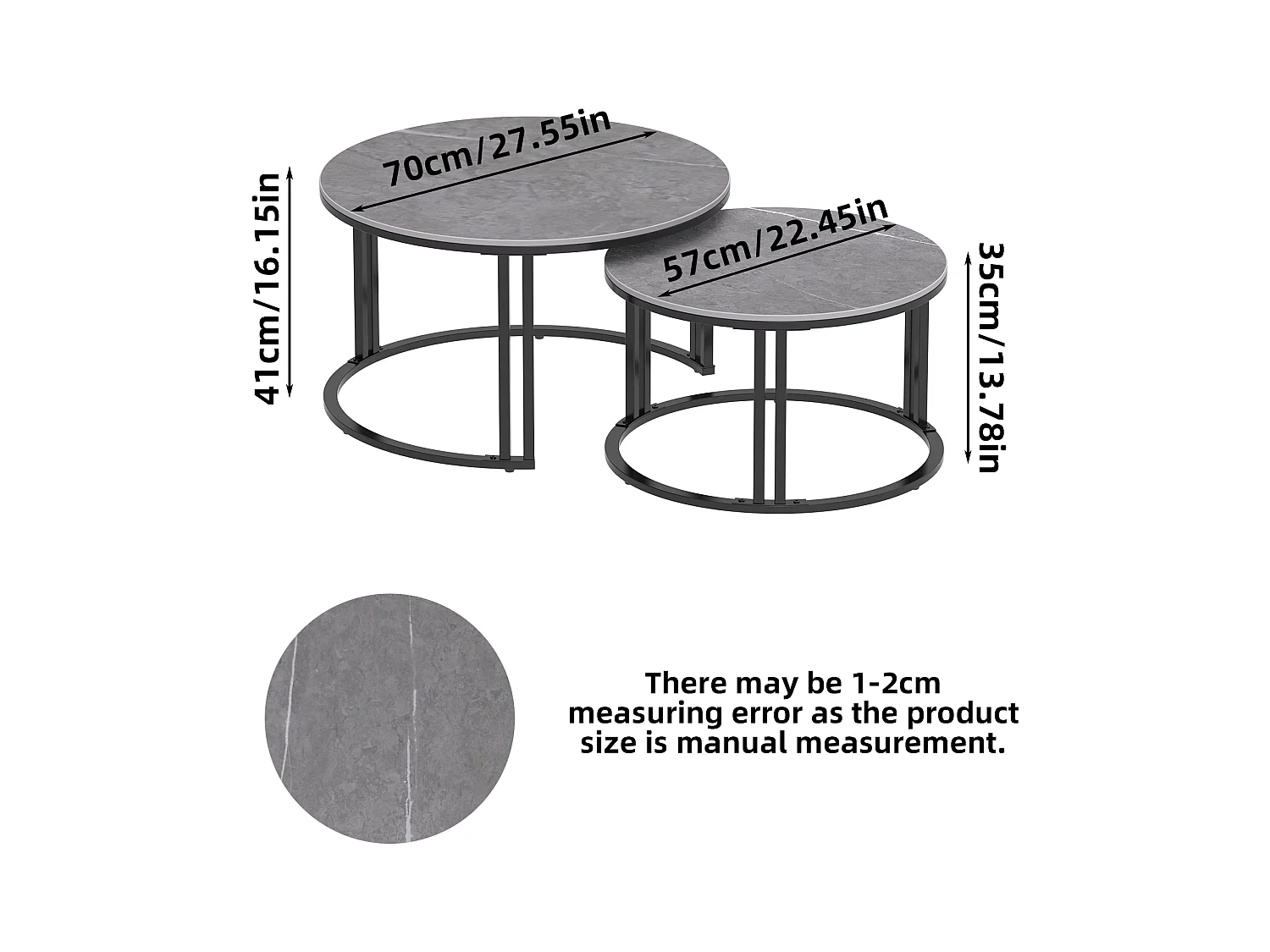 Table basse gigogne ronde lot de 2 avec effet marbre pour salon bureau 70x70x40cm / 57x57x35cm