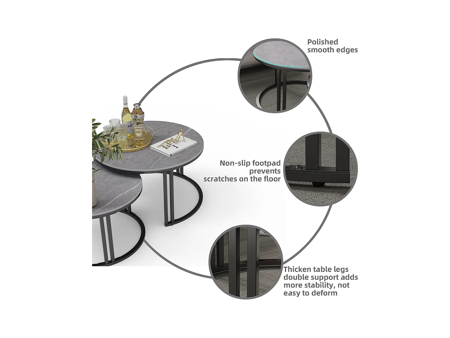 Table basse gigogne ronde lot de 2 avec effet marbre pour salon bureau 70x70x40cm / 57x57x35cm
