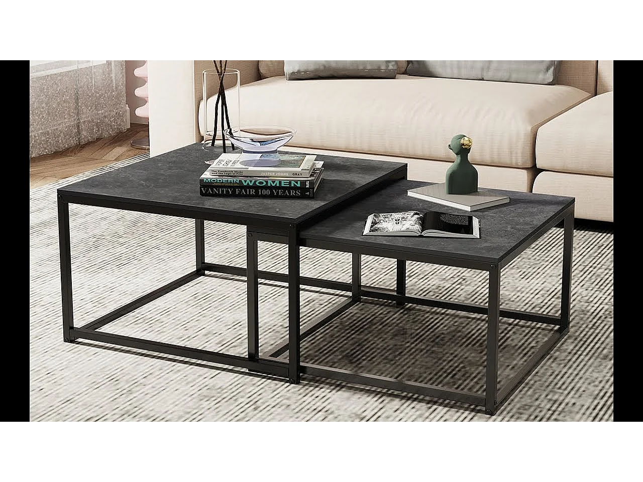 Table basse gigogne ronde lot de 2 avec effet marbre pour salon bureau 70x70x40cm / 57x57x35cm