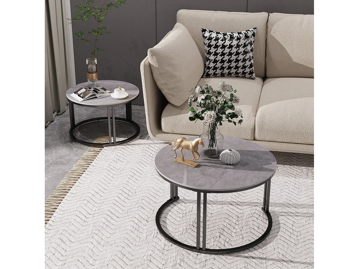 Table basse gigogne ronde lot de 2 avec effet marbre pour salon bureau 70x70x40cm / 57x57x35cm