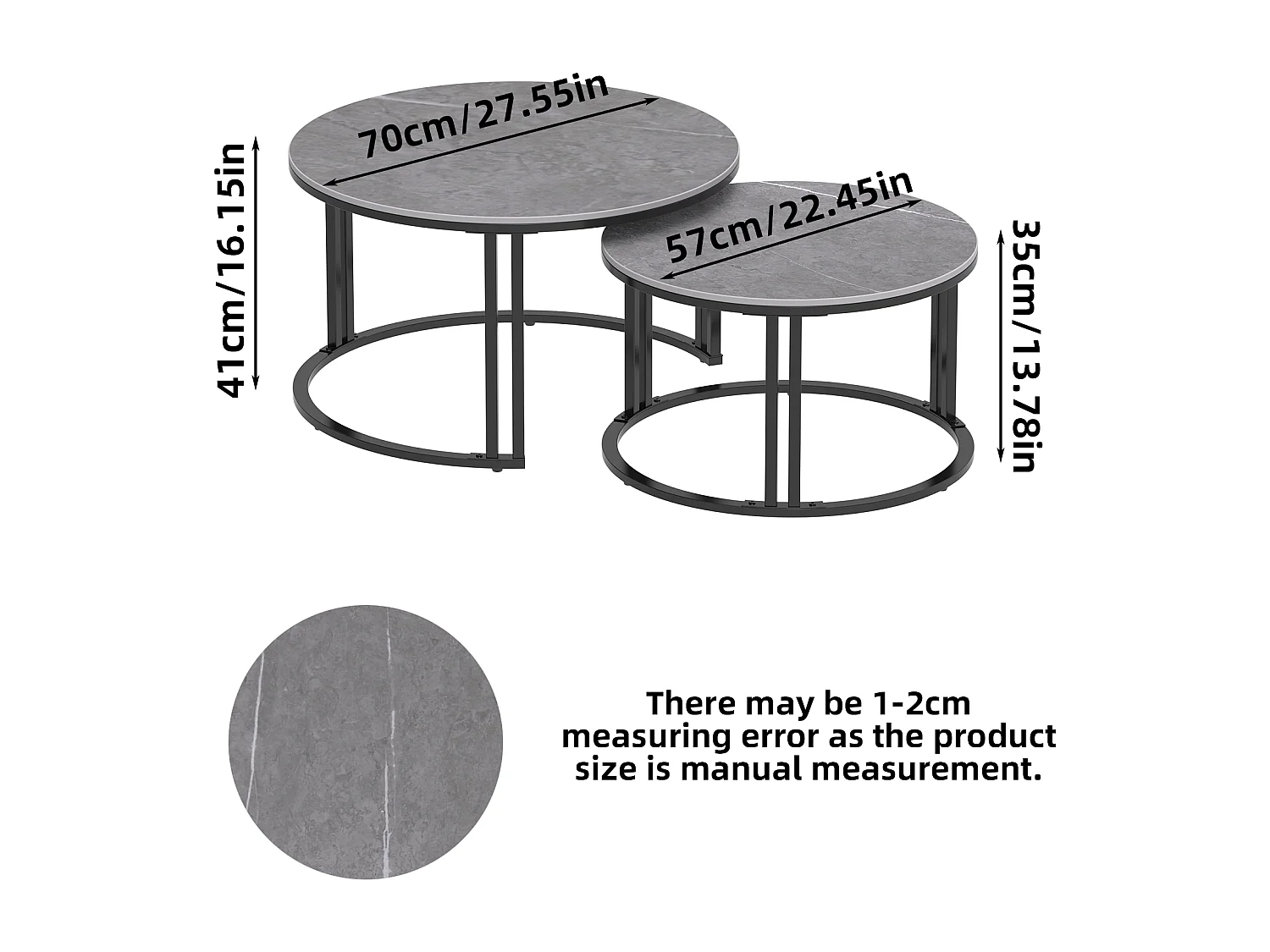 Table basse gigogne ronde lot de 2 avec effet marbre pour salon bureau 70x70x40cm / 57x57x35cm