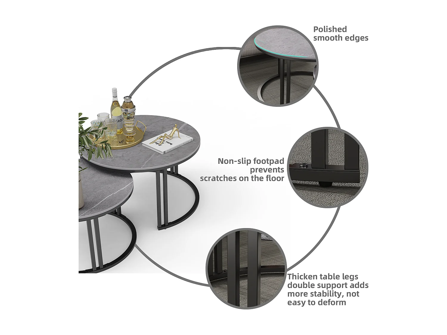 Table basse gigogne ronde lot de 2 avec effet marbre pour salon bureau 70x70x40cm / 57x57x35cm