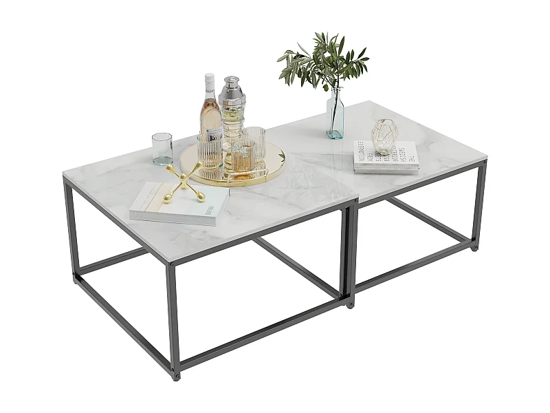Table basse gigogne marbre industrielle salon lot de 2 avec pieds noire en métal 70x70x48cm / 60x60x43cm
