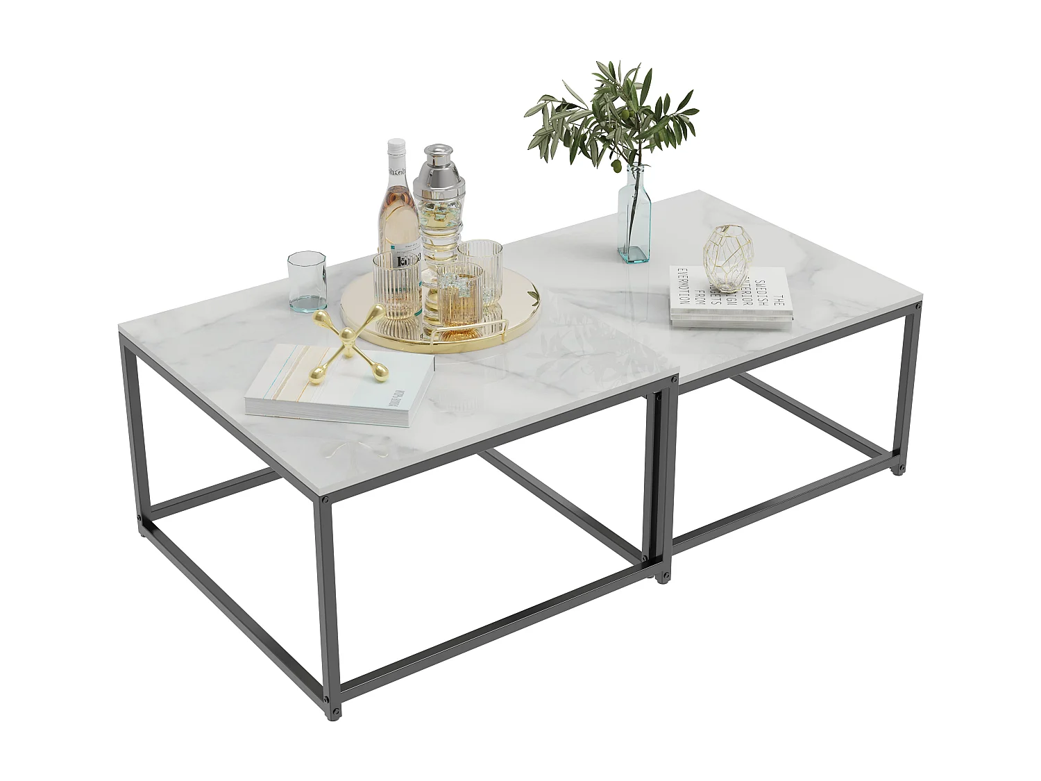 Table basse gigogne marbre industrielle salon lot de 2 avec pieds noire en métal 70x70x48cm / 60x60x43cm