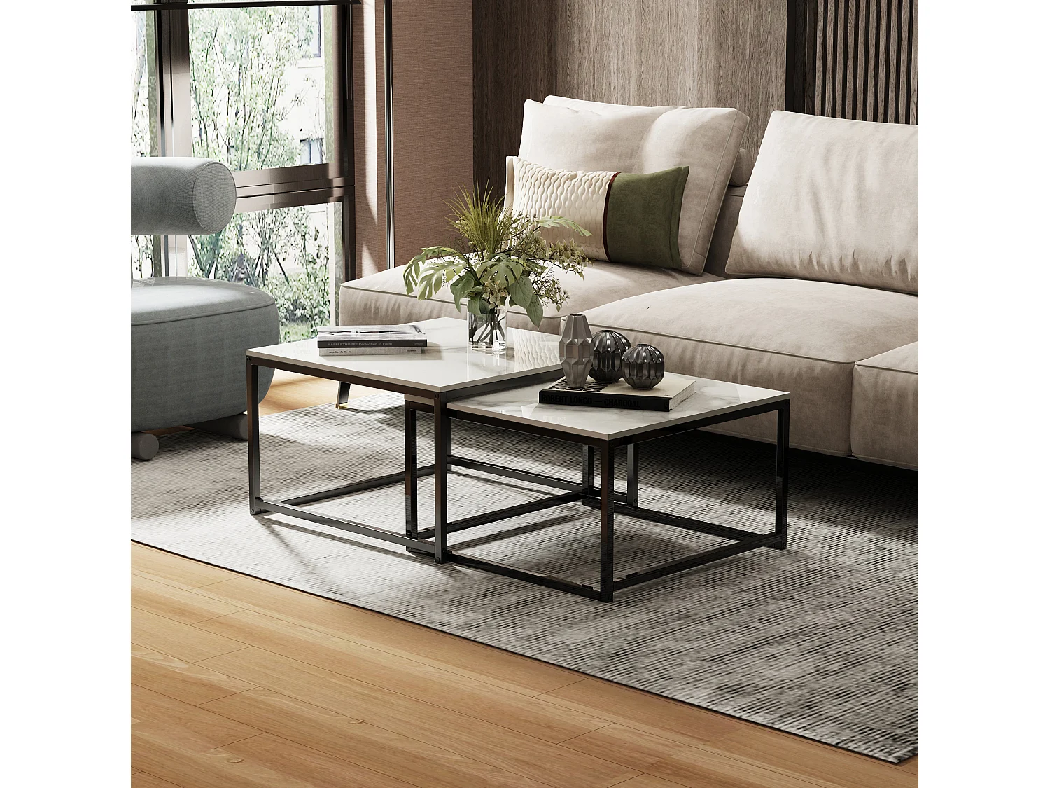 Table basse gigogne marbre industrielle salon lot de 2 avec pieds noire en métal 70x70x48cm / 60x60x43cm