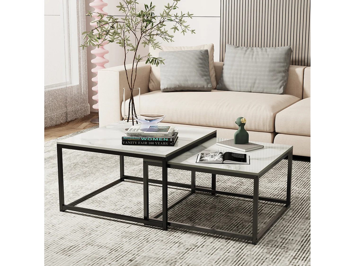 Table basse gigogne marbre industrielle salon lot de 2 avec pieds noire en métal 70x70x48cm / 60x60x43cm