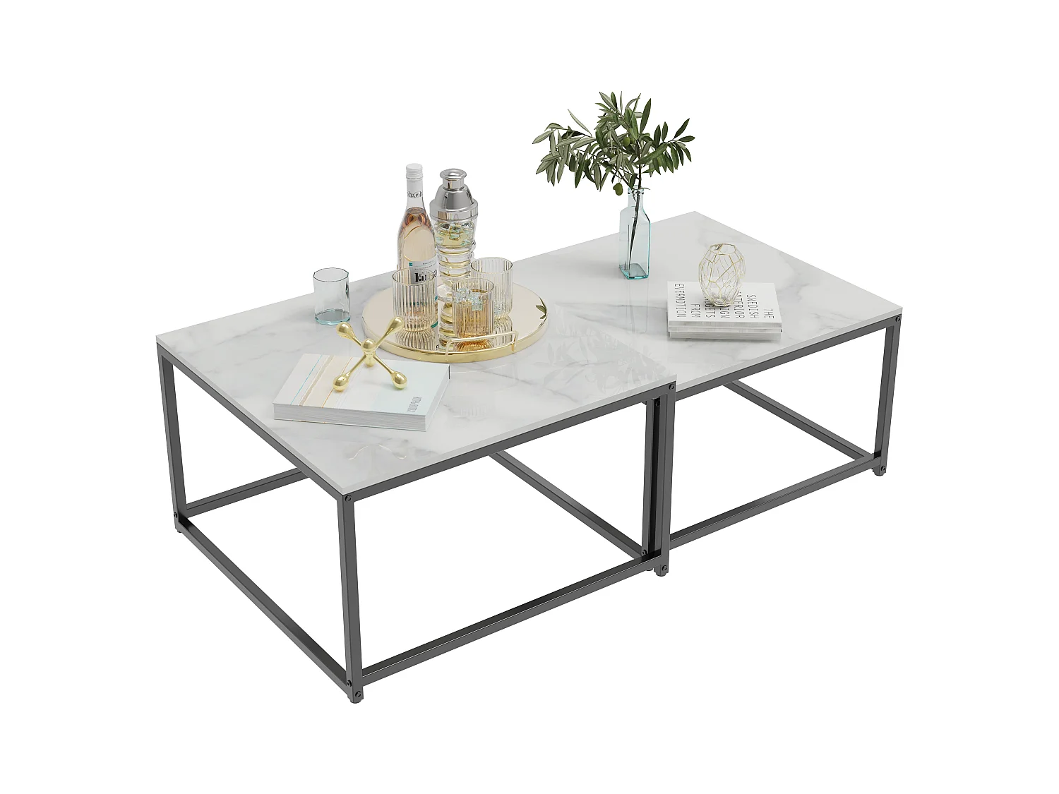 Table basse gigogne marbre industrielle salon lot de 2 avec pieds noire en métal 70x70x48cm / 60x60x43cm