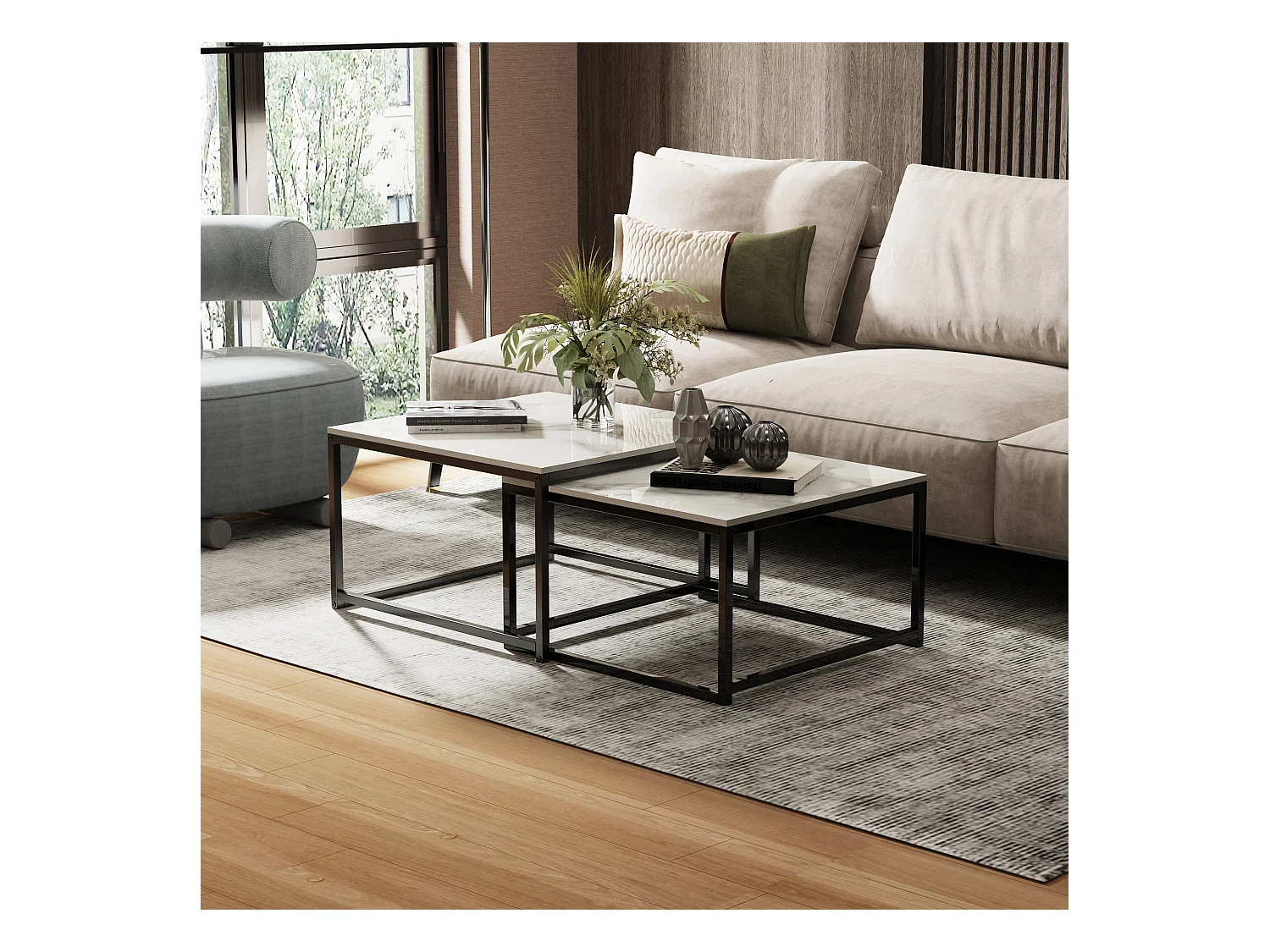 Table basse gigogne marbre industrielle salon lot de 2 avec pieds noire en métal 70x70x48cm / 60x60x43cm