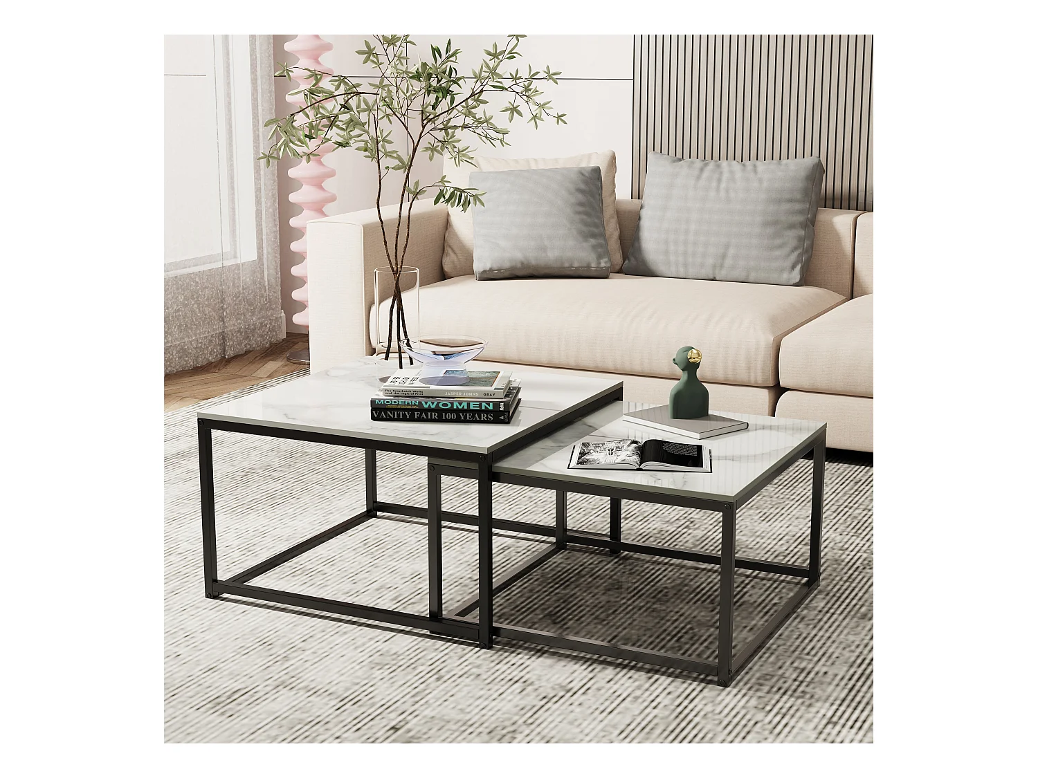 Table basse gigogne marbre industrielle salon lot de 2 avec pieds noire en métal 70x70x48cm / 60x60x43cm