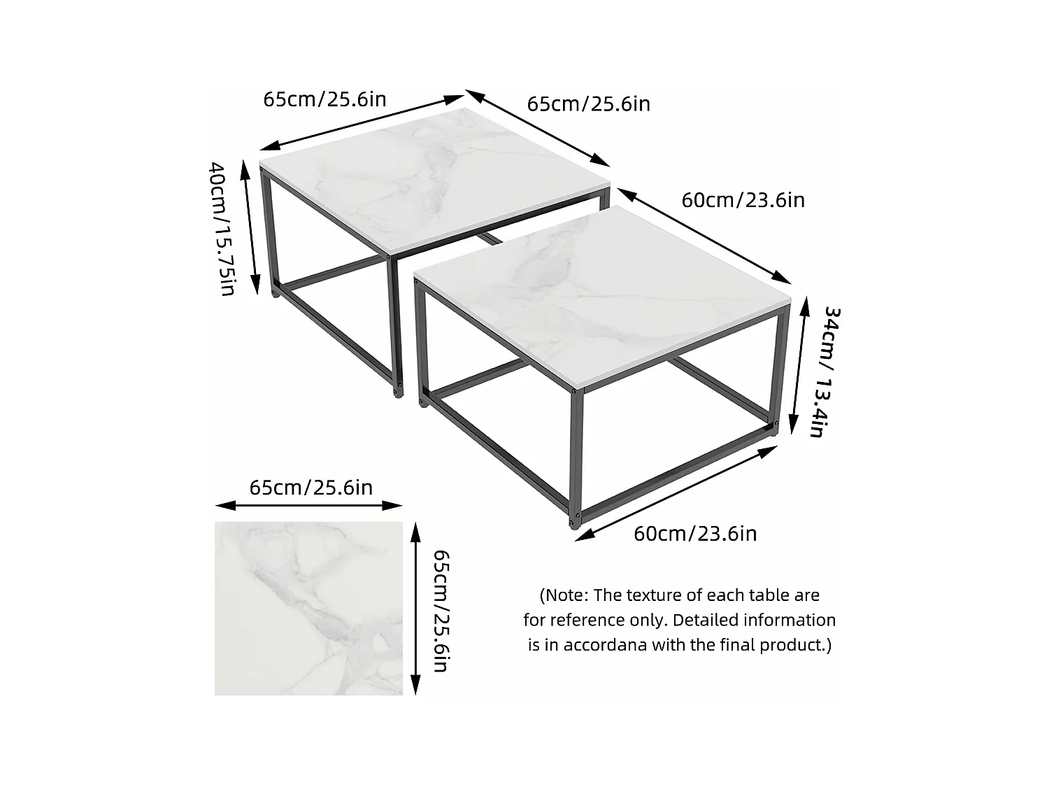 Table basse gigogne marbre industrielle salon lot de 2 avec pieds noire en métal 70x70x48cm / 60x60x43cm