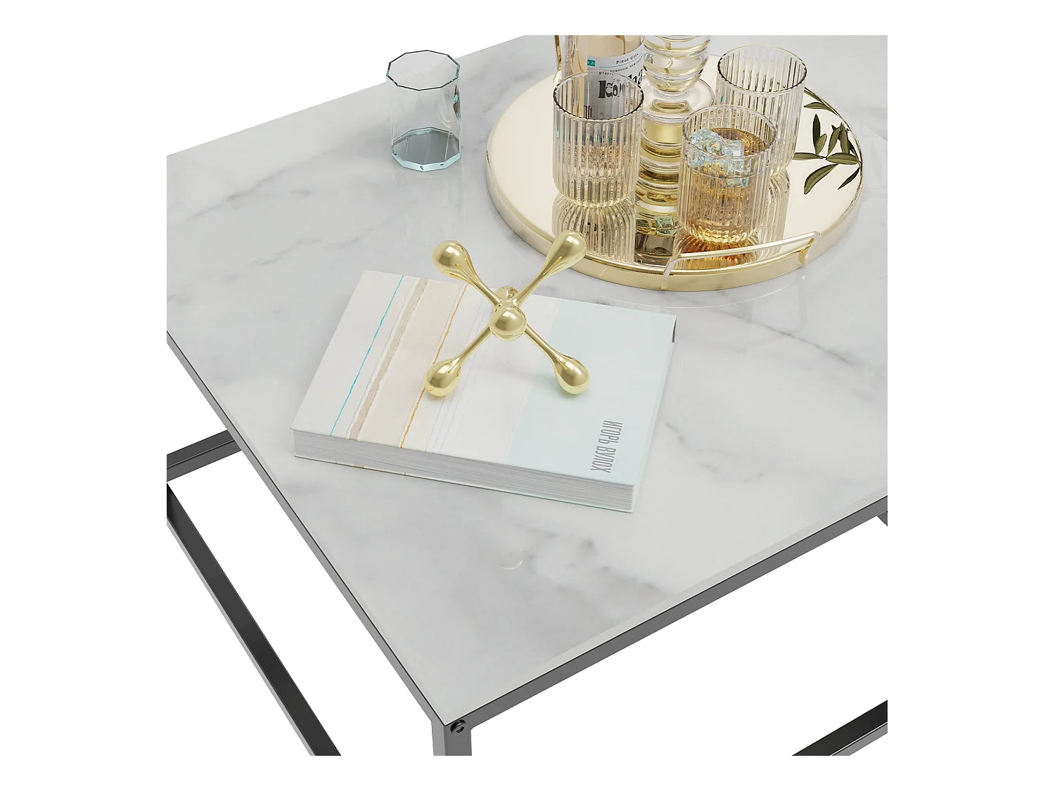Table basse gigogne marbre industrielle salon lot de 2 avec pieds noire en métal 70x70x48cm / 60x60x43cm