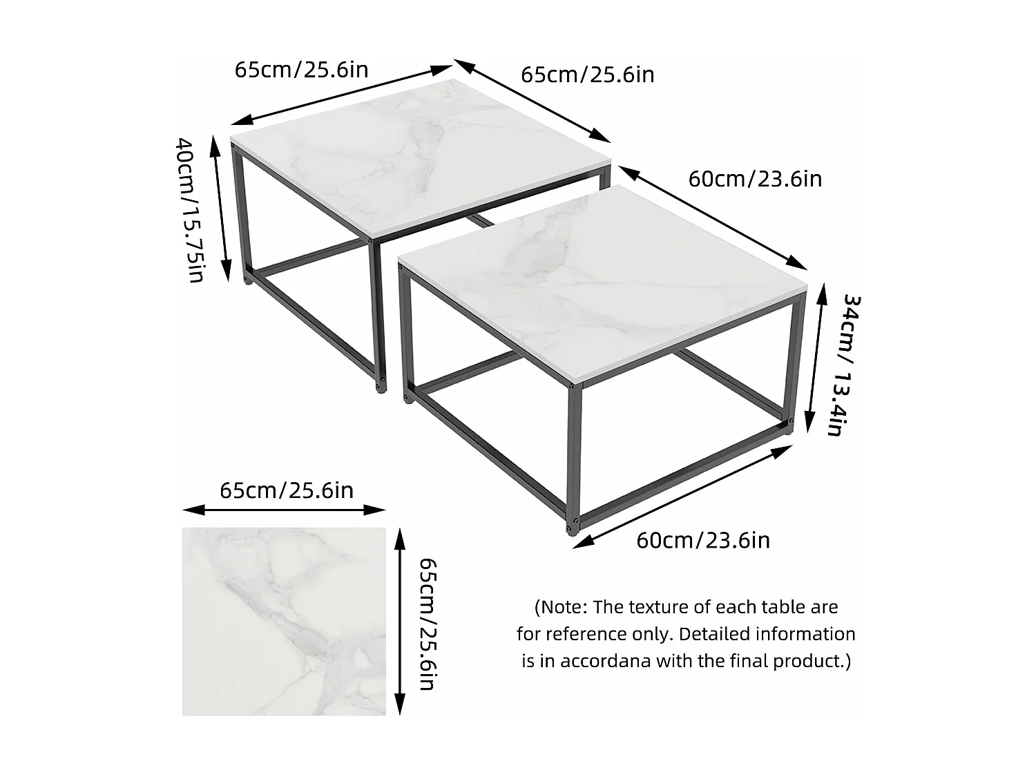 Table basse gigogne marbre industrielle salon lot de 2 avec pieds noire en métal 70x70x48cm / 60x60x43cm