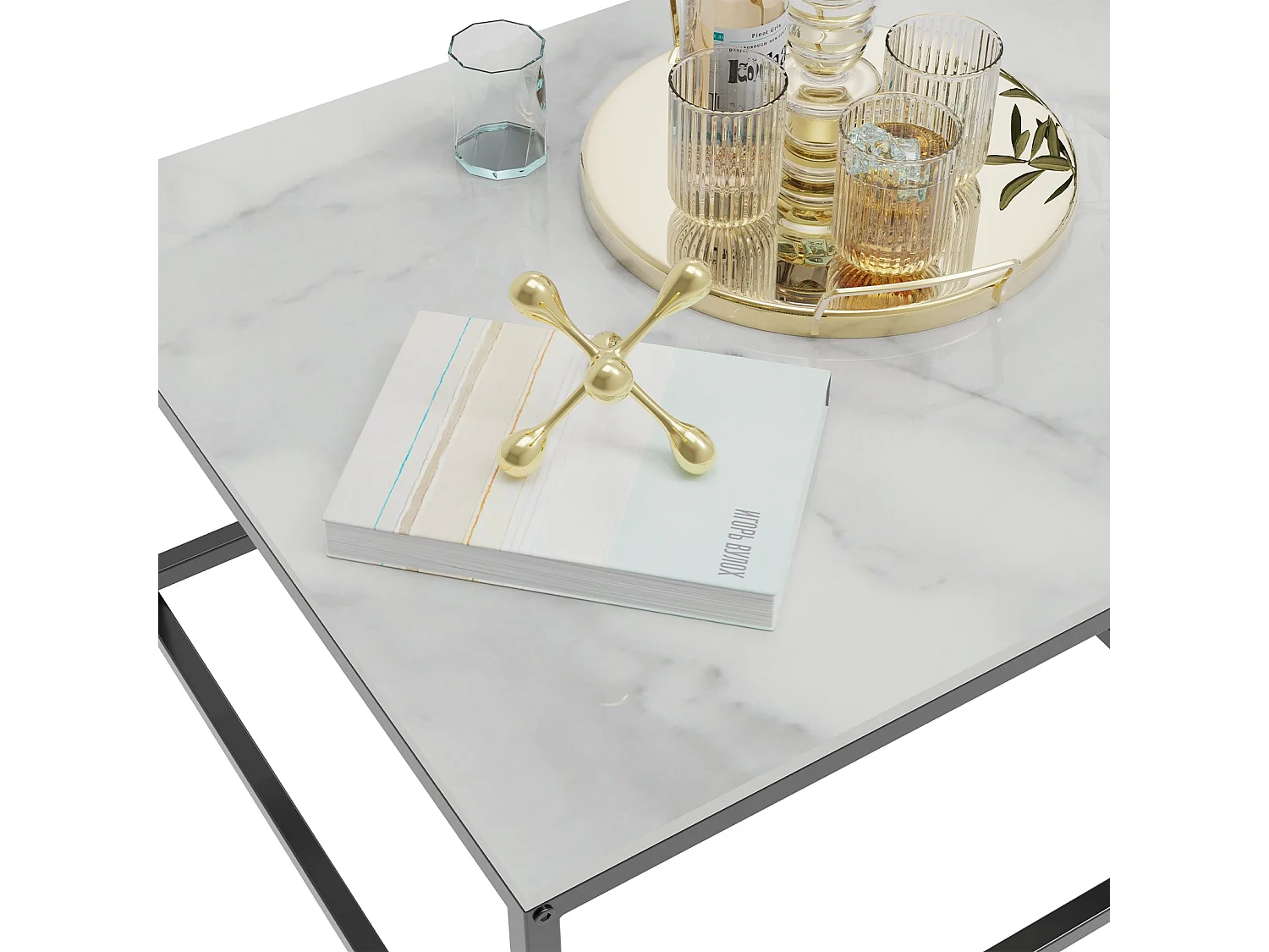 Table basse gigogne marbre industrielle salon lot de 2 avec pieds noire en métal 70x70x48cm / 60x60x43cm