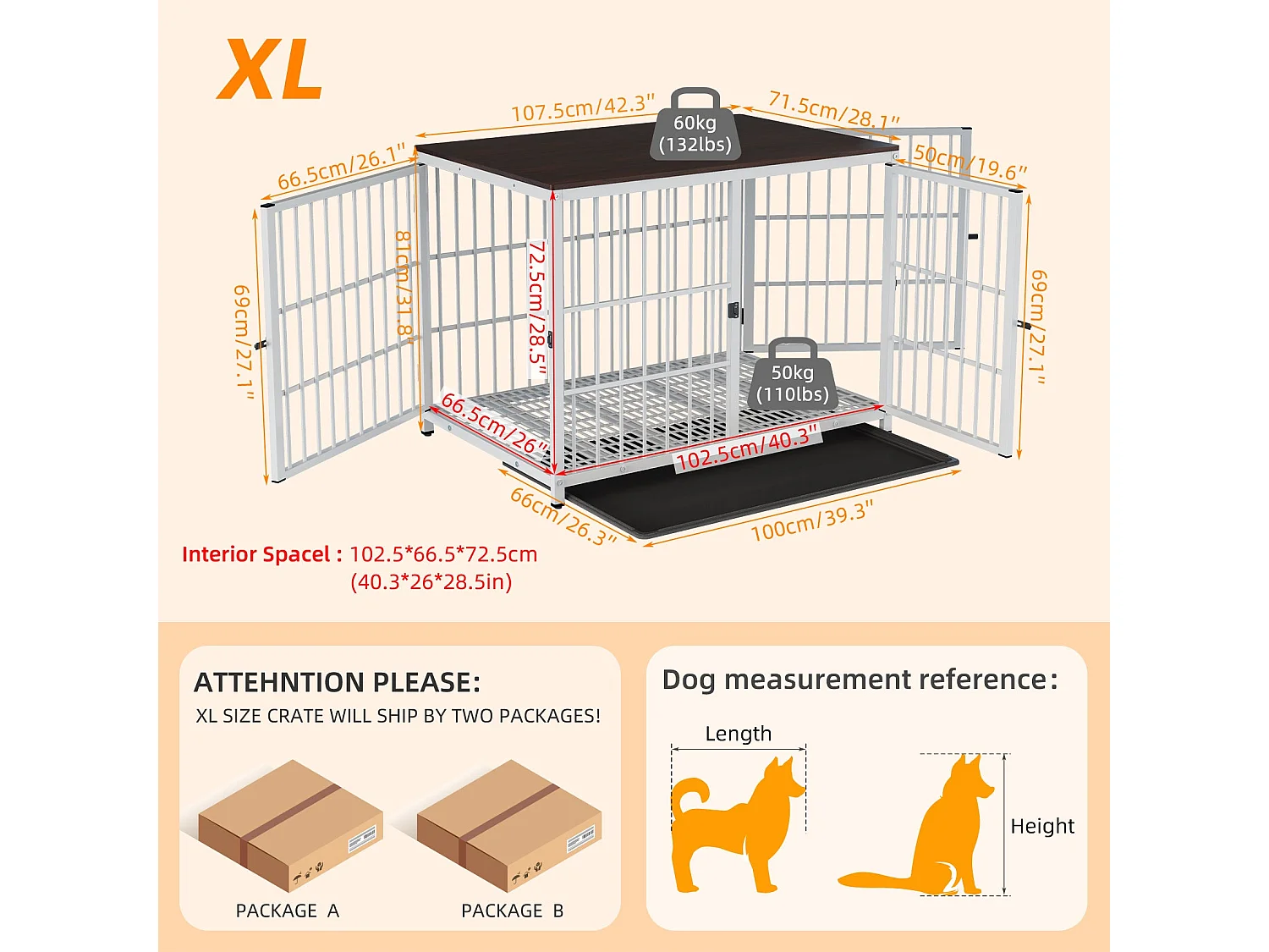 Große Hundekäfigbox für große Hunde, Inneneinrichtung, Hundekäfige mit 3 Türen, 108 x 72 x 81 cm