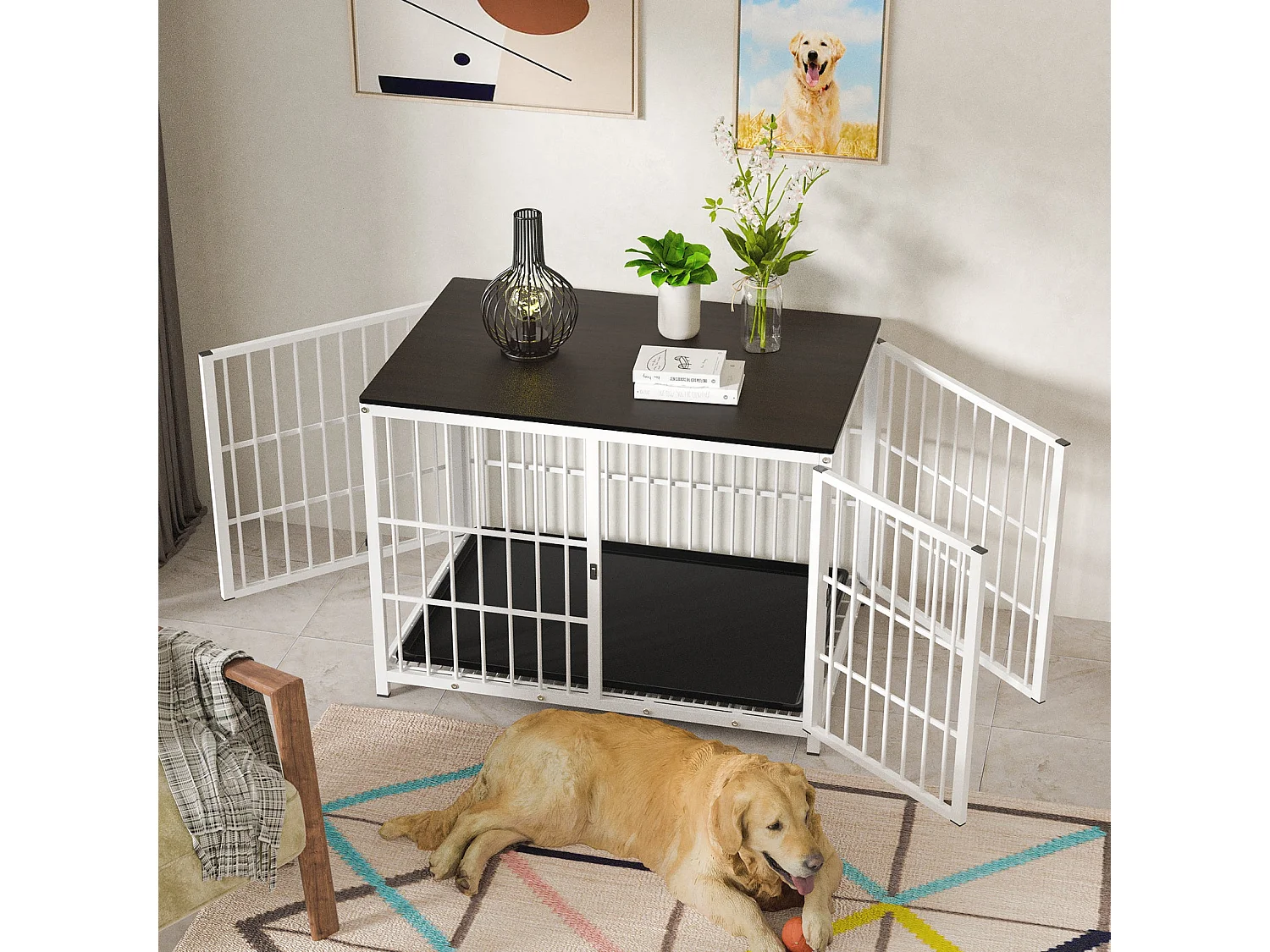 Cage chien grande taille caisse pour grand chien interieur maison meuble cages chiens avec 3 porte 108x72x81cm