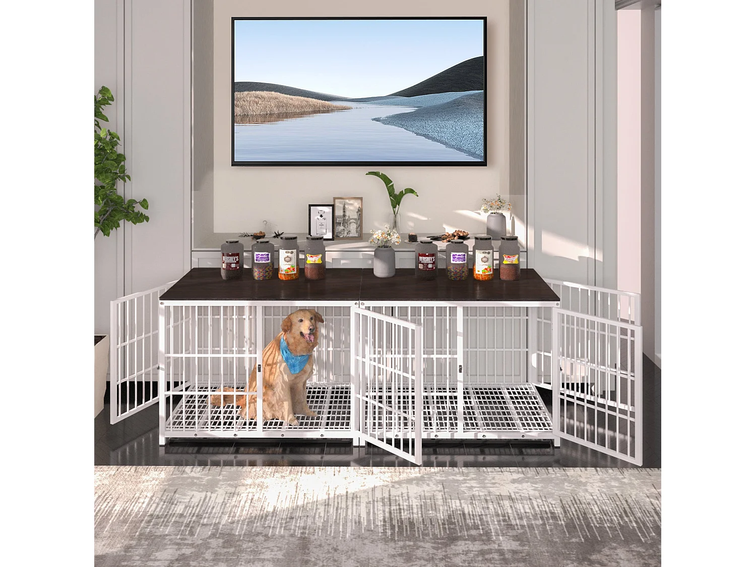 Cage chien grande taille caisse pour grand chien interieur maison meuble cages chiens avec 3 porte 108x72x81cm