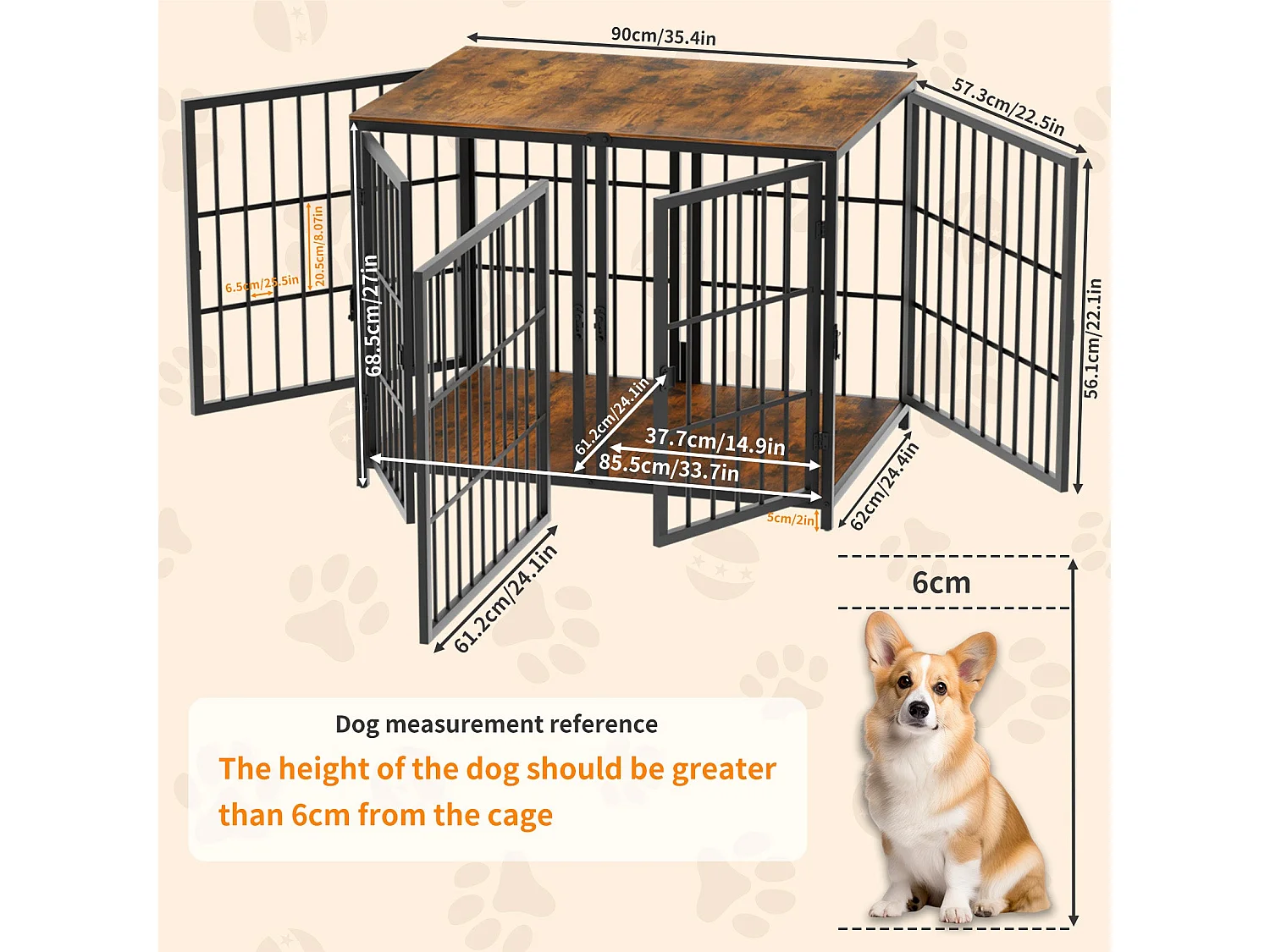 Gabbia per cani con 3 porte interne, grande gabbia XXL per cani con vassoio rimovibile 90x62x68cm