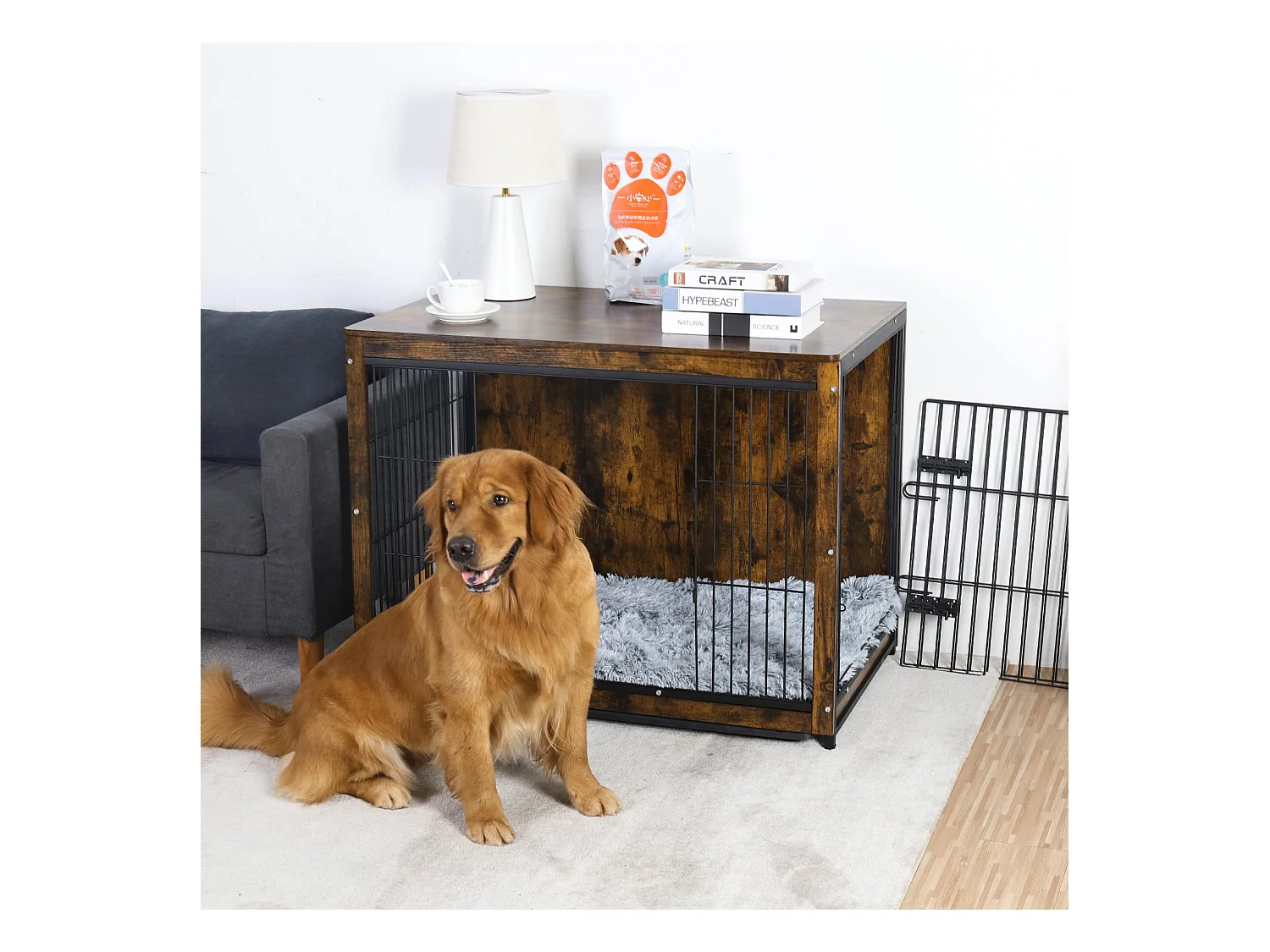 Industrieller Hundekäfig aus Holz, großer Hundekäfig, Katzen, Kaninchen, Industriemöbel für den Innenbereich, 97 x 59 x 75 cm