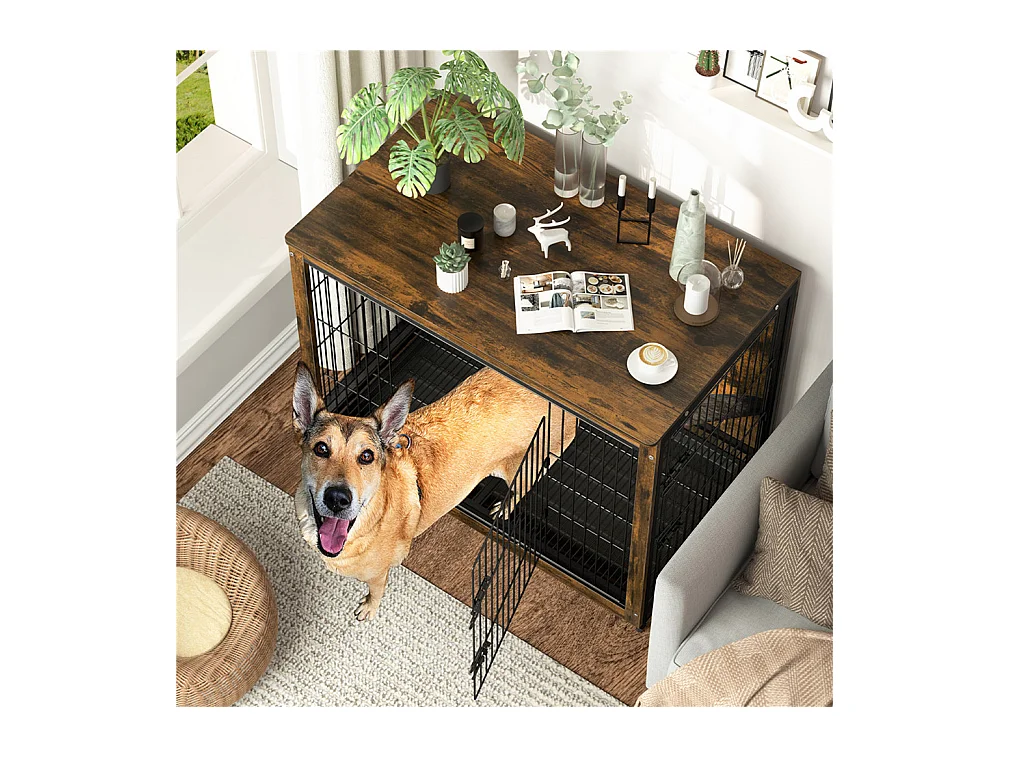 Industrieller Hundekäfig aus Holz, großer Hundekäfig, Katzen, Kaninchen, Industriemöbel für den Innenbereich, 97 x 59 x 75 cm