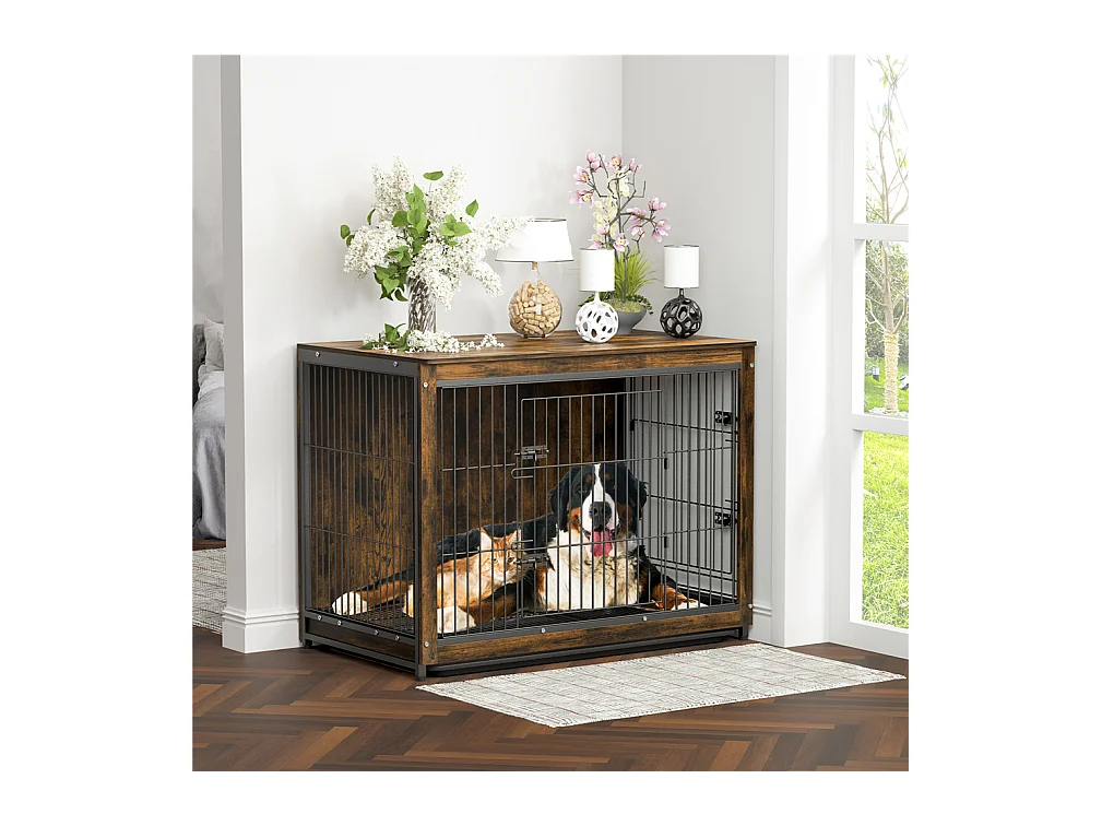 Industrieller Hundekäfig aus Holz, großer Hundekäfig, Katzen, Kaninchen, Industriemöbel für den Innenbereich, 97 x 59 x 75 cm