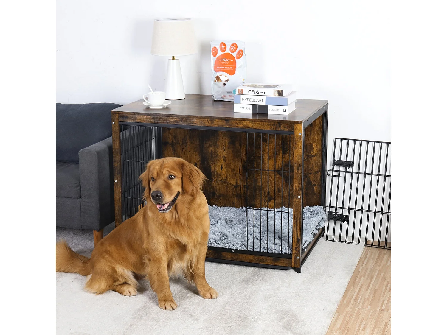 Cage pour chien en bois industrielle grande taille cage chien chats lapins intérieur meuble industriel 97x59x75cm