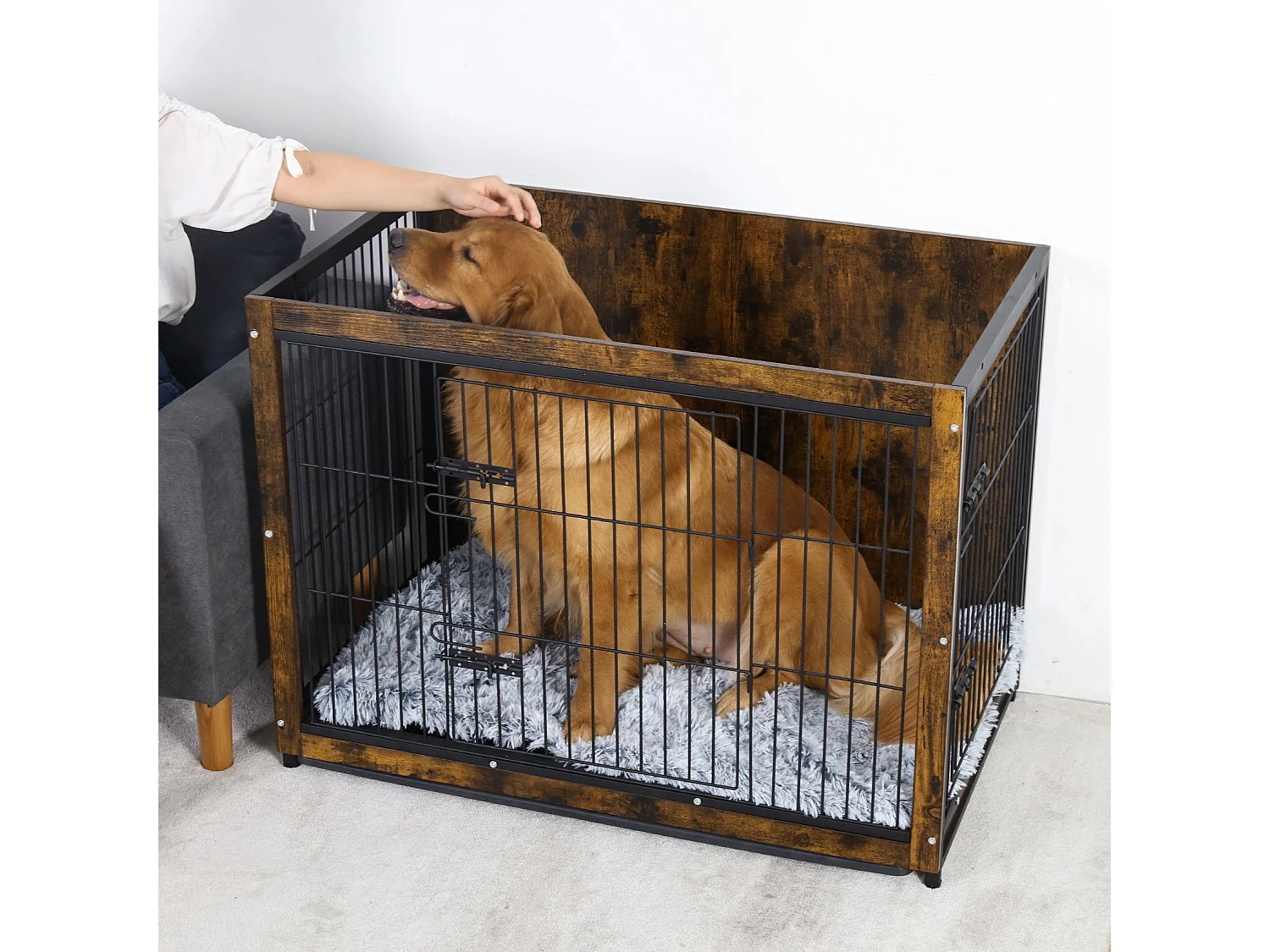 Cage pour chien en bois industrielle grande taille cage chien chats lapins intérieur meuble industriel 97x59x75cm