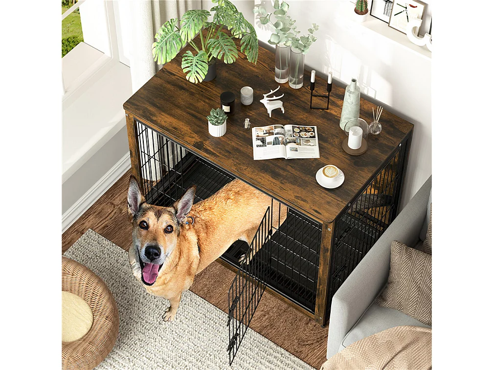 Cage pour chien en bois industrielle grande taille cage chien chats lapins intérieur meuble industriel 97x59x75cm
