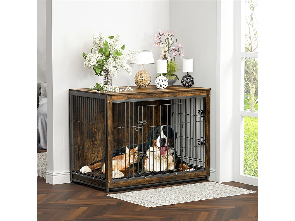 Cage pour chien en bois industrielle grande taille cage chien chats lapins intérieur meuble industriel 97x59x75cm