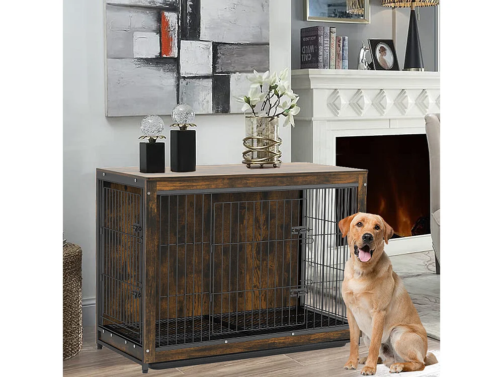 Cage pour chien en bois industrielle grande taille cage chien chats lapins intérieur meuble industriel 97x59x75cm