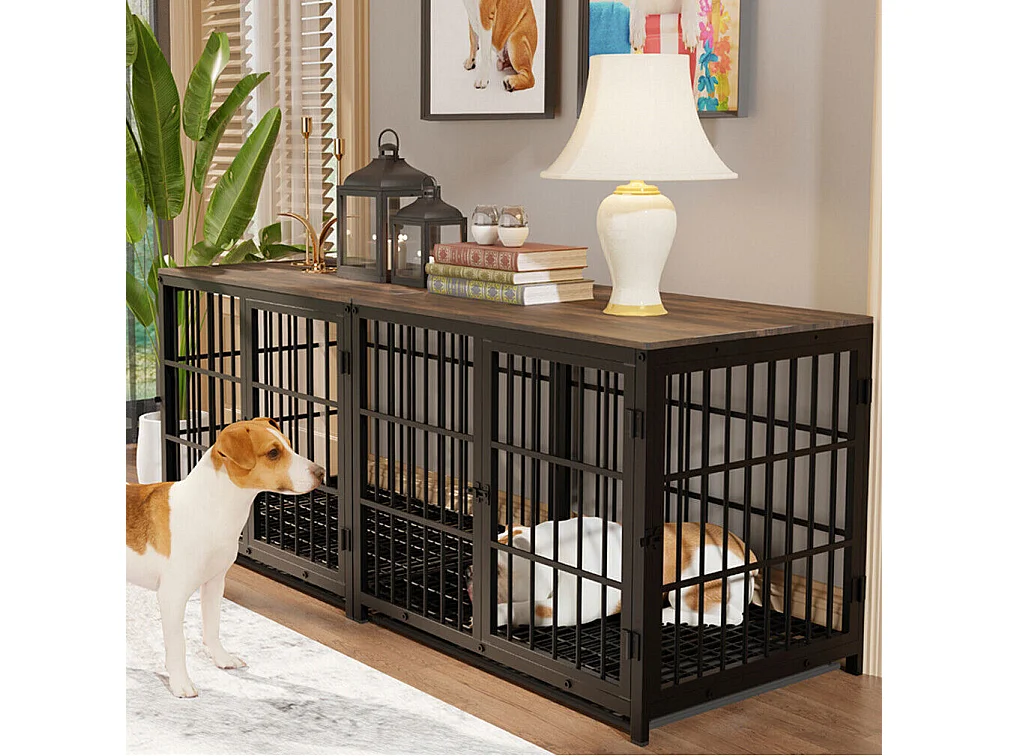 Cage chien caisse pour grand chien interieur maison meuble cages chiens en bois avec 3 porte 78x56x65cm