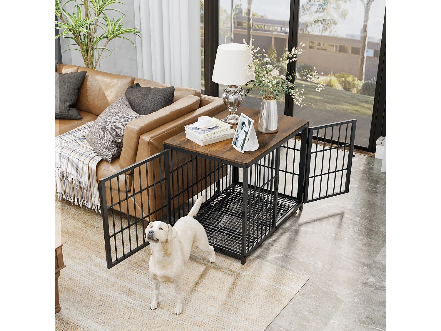 Cage chien interieur grande taille caisse en bois pour grand chien maison meuble cages chiens  avec 3 porte 92x75x64cm