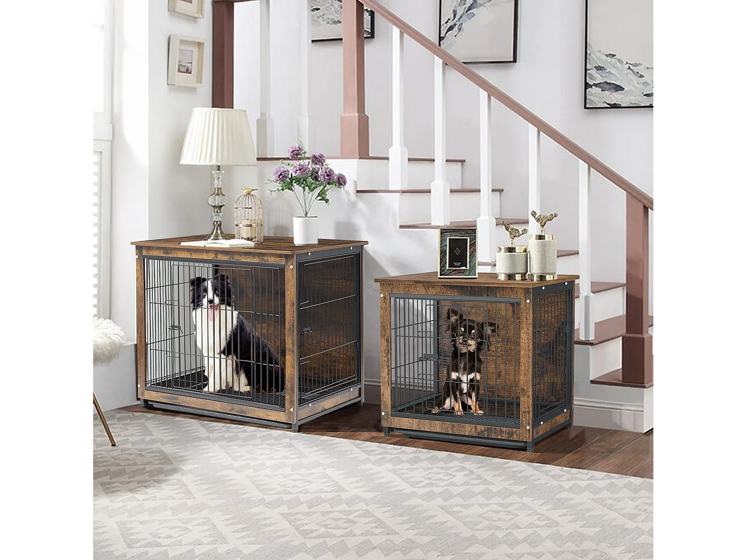 Cage pour chien intérieur cage en bois pour chien chats lapins meuble industriel 80x57x71cm