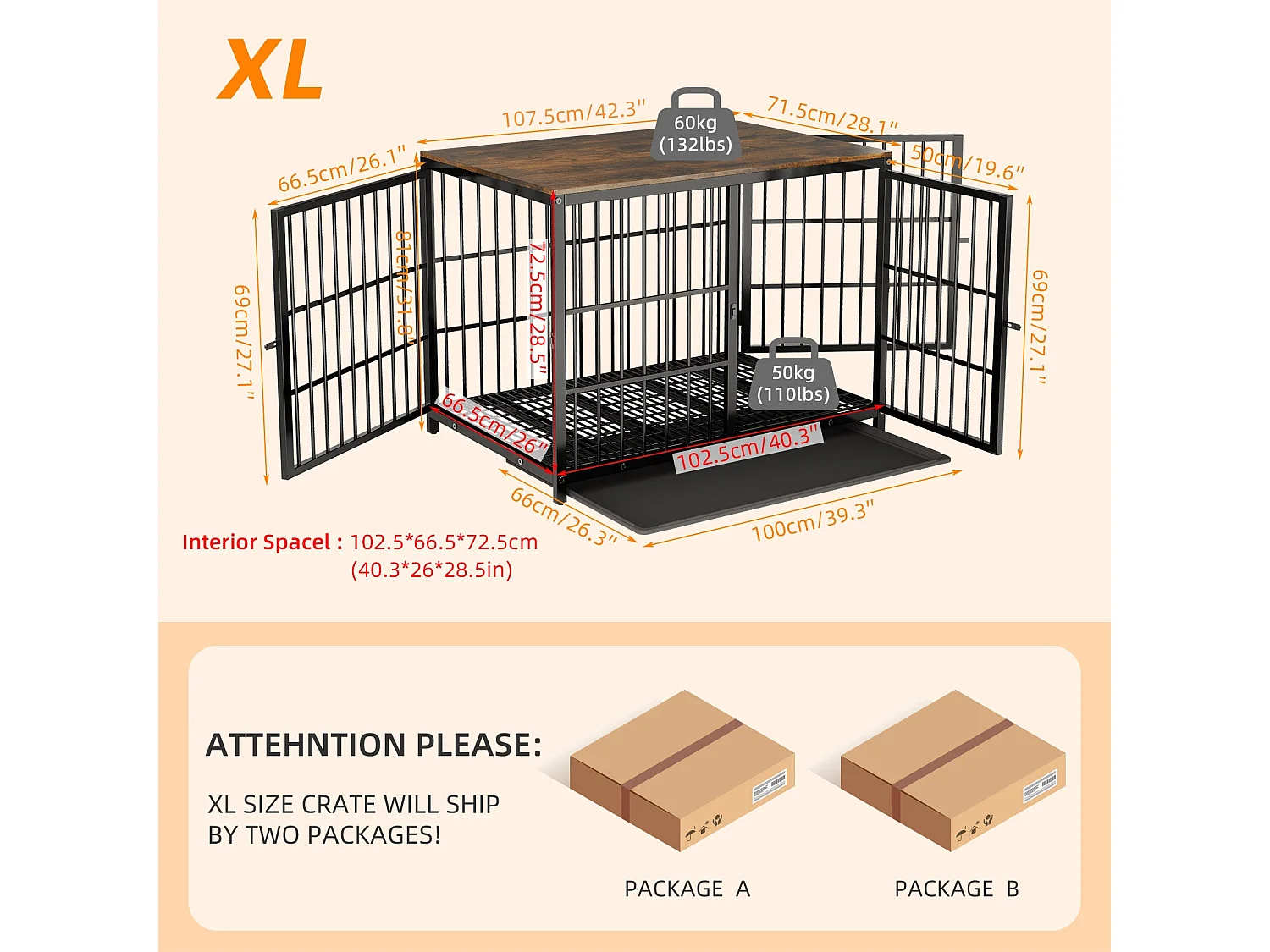 Cage pour chien interieur grande taille caisse pour grand chien meuble maison cages chiens avec 3 porte 78x56x65cm