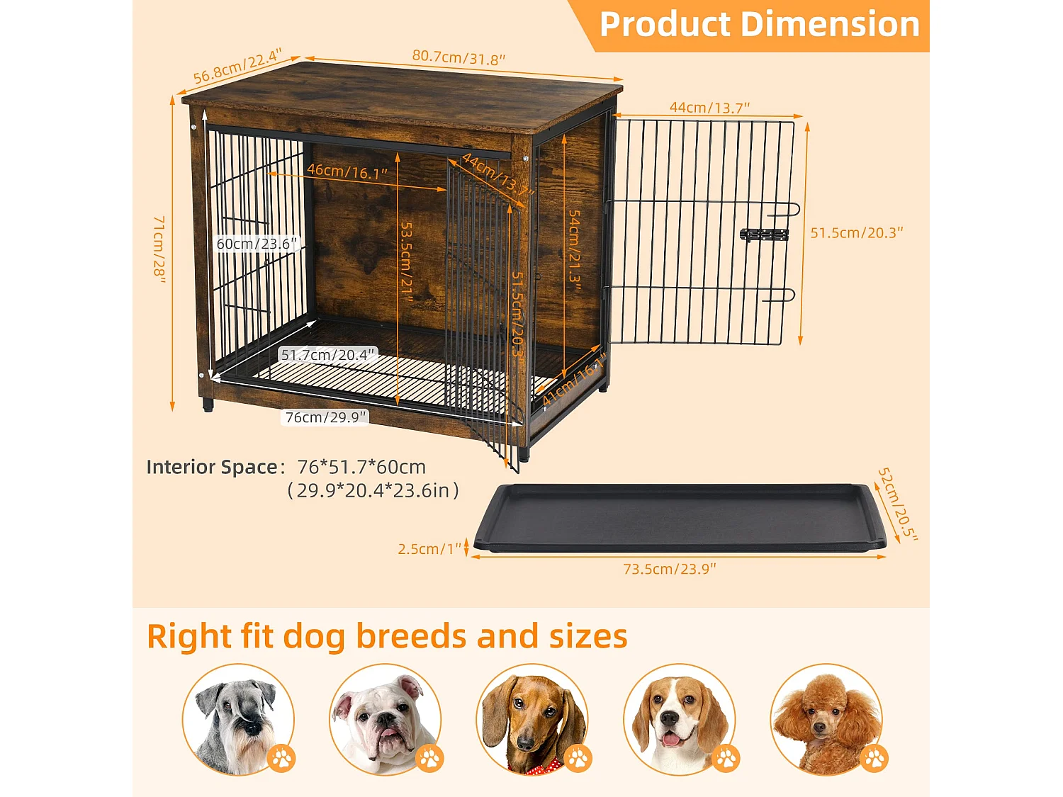 Jaula de madera para perros de interior, para gatos, conejos, mobiliario industrial, 80 x 57 x 71 cm.