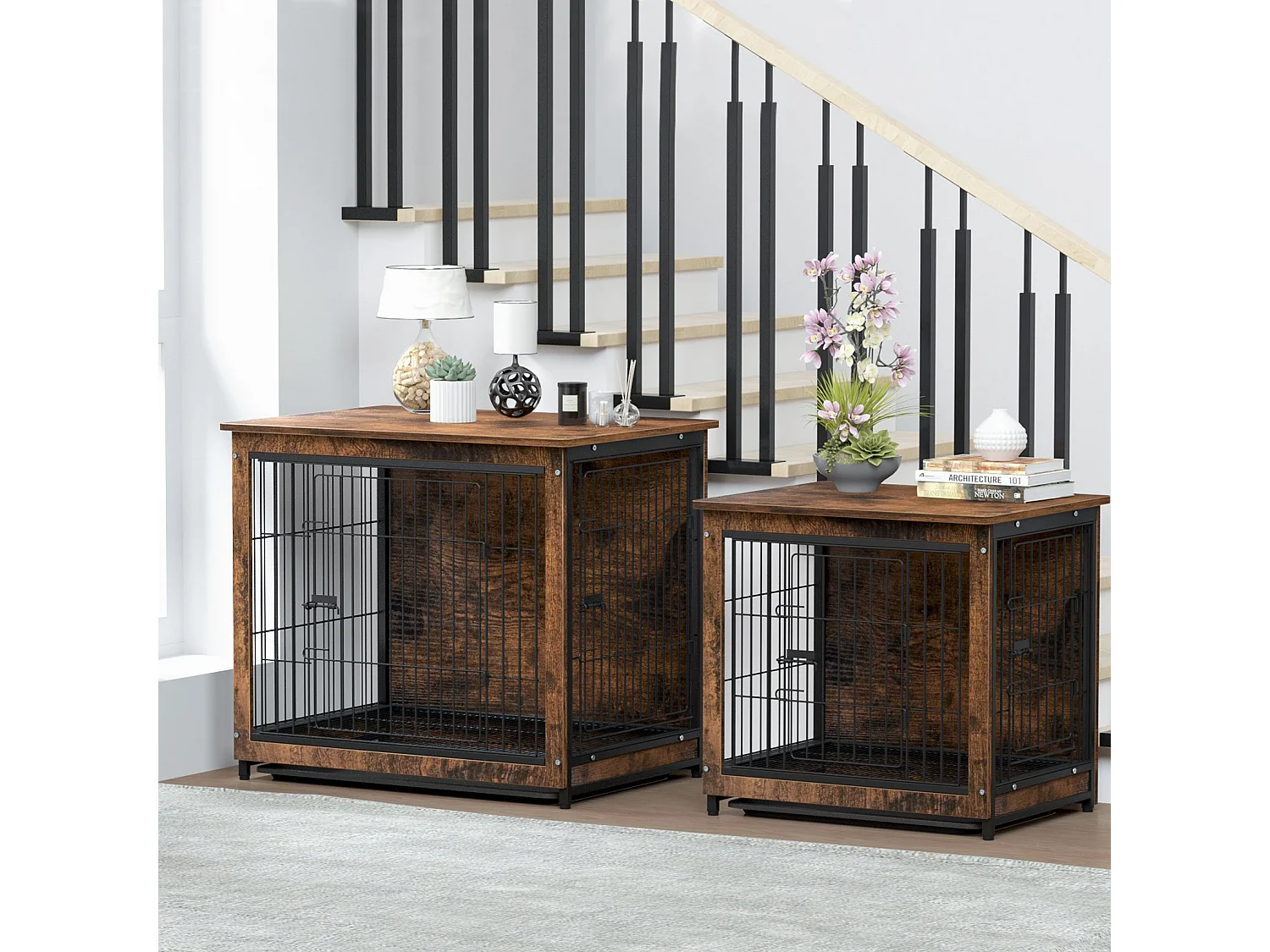 Cage pour chien intérieur cage en bois pour chien chats lapins meuble industriel 80x57x71cm