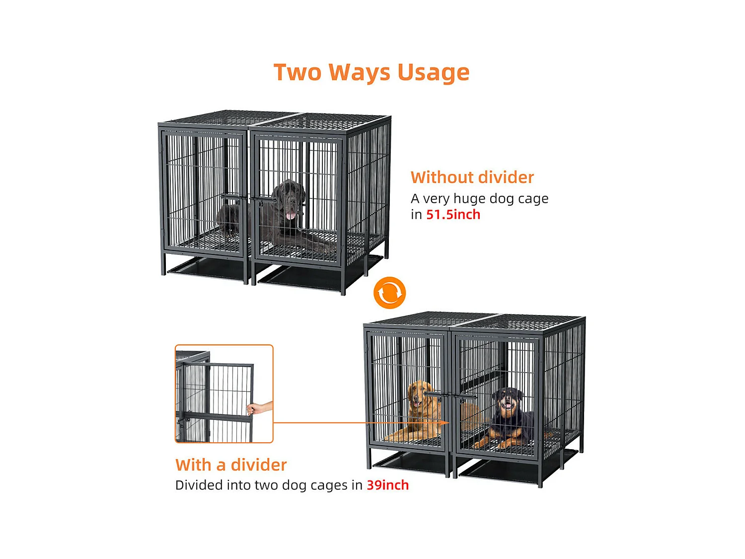 Hundekäfig mit 3 Innentüren, große XXL Hundebox mit herausnehmbarer Wanne 90x62x68cm