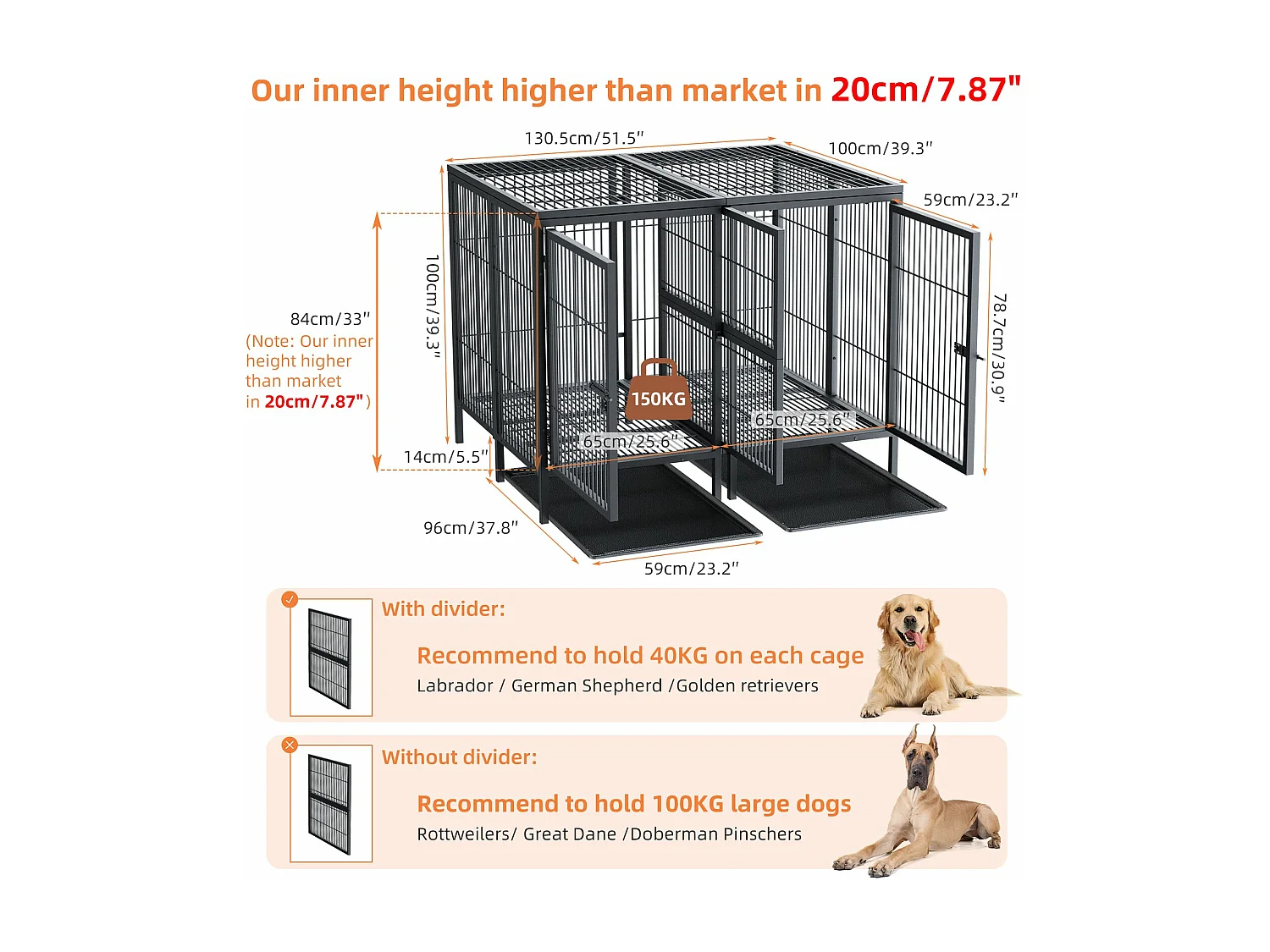 Hundekäfig mit 3 Innentüren, große XXL Hundebox mit herausnehmbarer Wanne 90x62x68cm