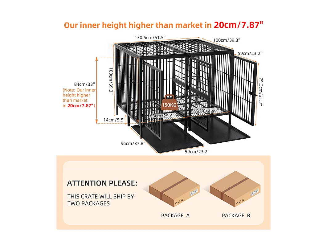 Hundekäfig mit 3 Innentüren, große XXL Hundebox mit herausnehmbarer Wanne 90x62x68cm