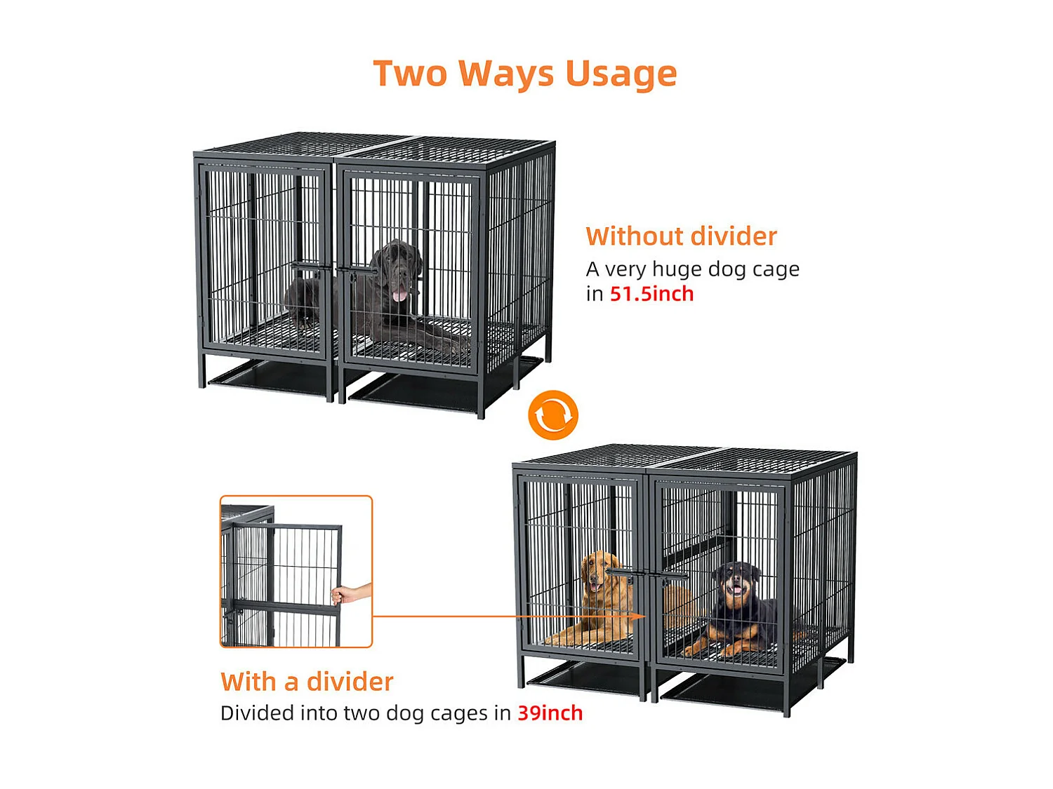 Cage chien avec 3 porte intérieur caisse pour chien xxl grande taille avec plateau amovible 90x62x68cm