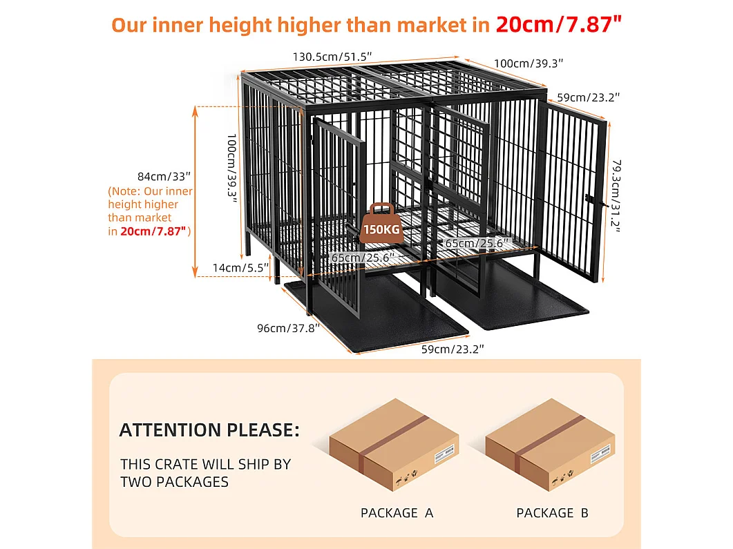 Cage chien avec 3 porte intérieur caisse pour chien xxl grande taille avec plateau amovible 90x62x68cm