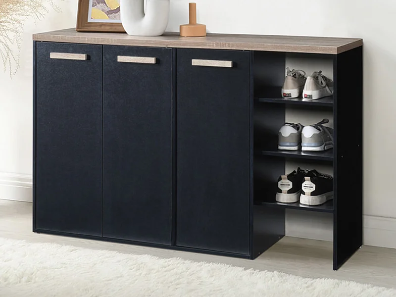 Meuble à chaussures 3 portes et 3 niches - Noir et Naturel clair - SKAIDO