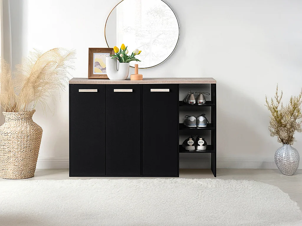 Meuble à chaussures 3 portes et 3 niches - Noir et Naturel clair - SKAIDO