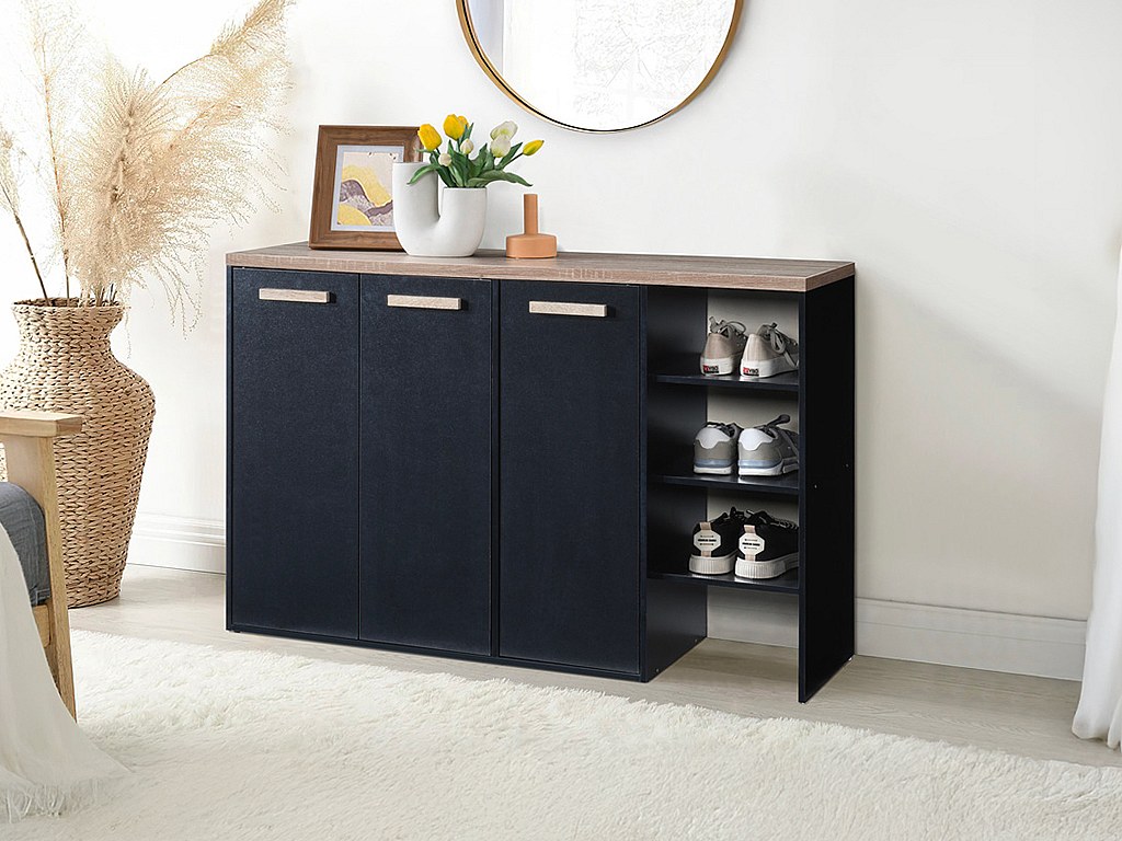 [NEW VERSION]Schuhschrank - 3 Türen & 3 Ablagefächer - Weiß und Holzfarben günstig online kaufen